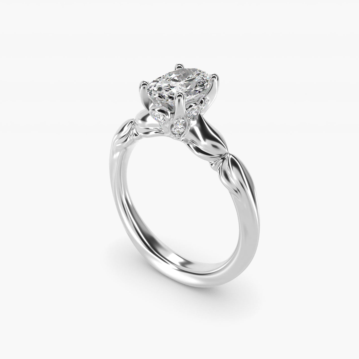 Engraved Solitaire Plus Diamond Engagement Ring in 18k White Gold - Oval Center