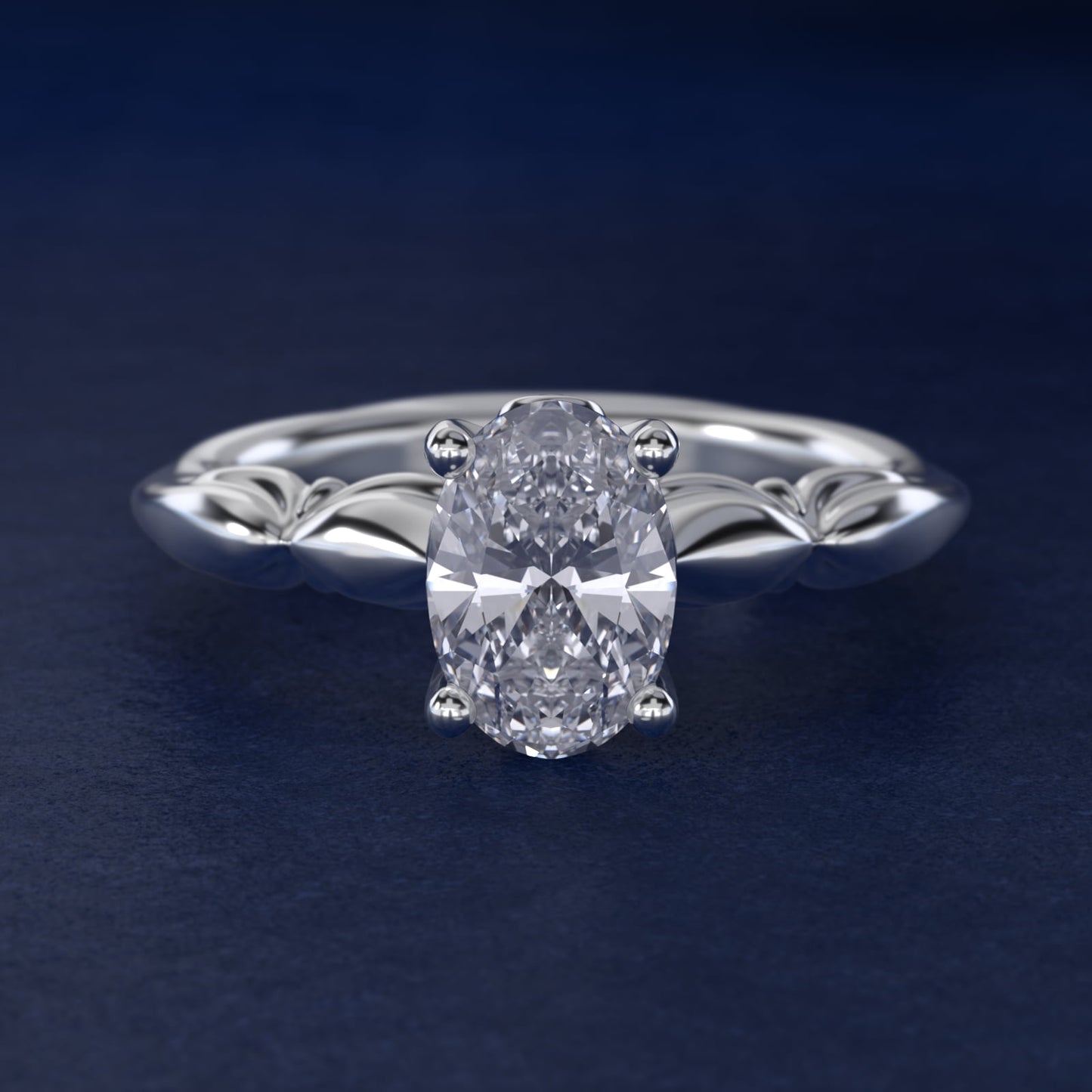 Engraved Solitaire Plus Diamond Engagement Ring in 18k White Gold - Oval Center