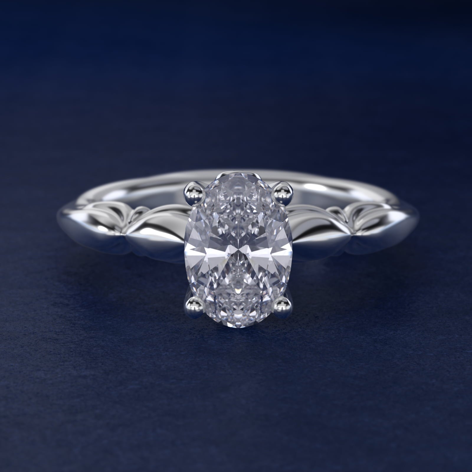 Engraved Solitaire Plus Diamond Engagement Ring in 14k White Gold - Oval Center