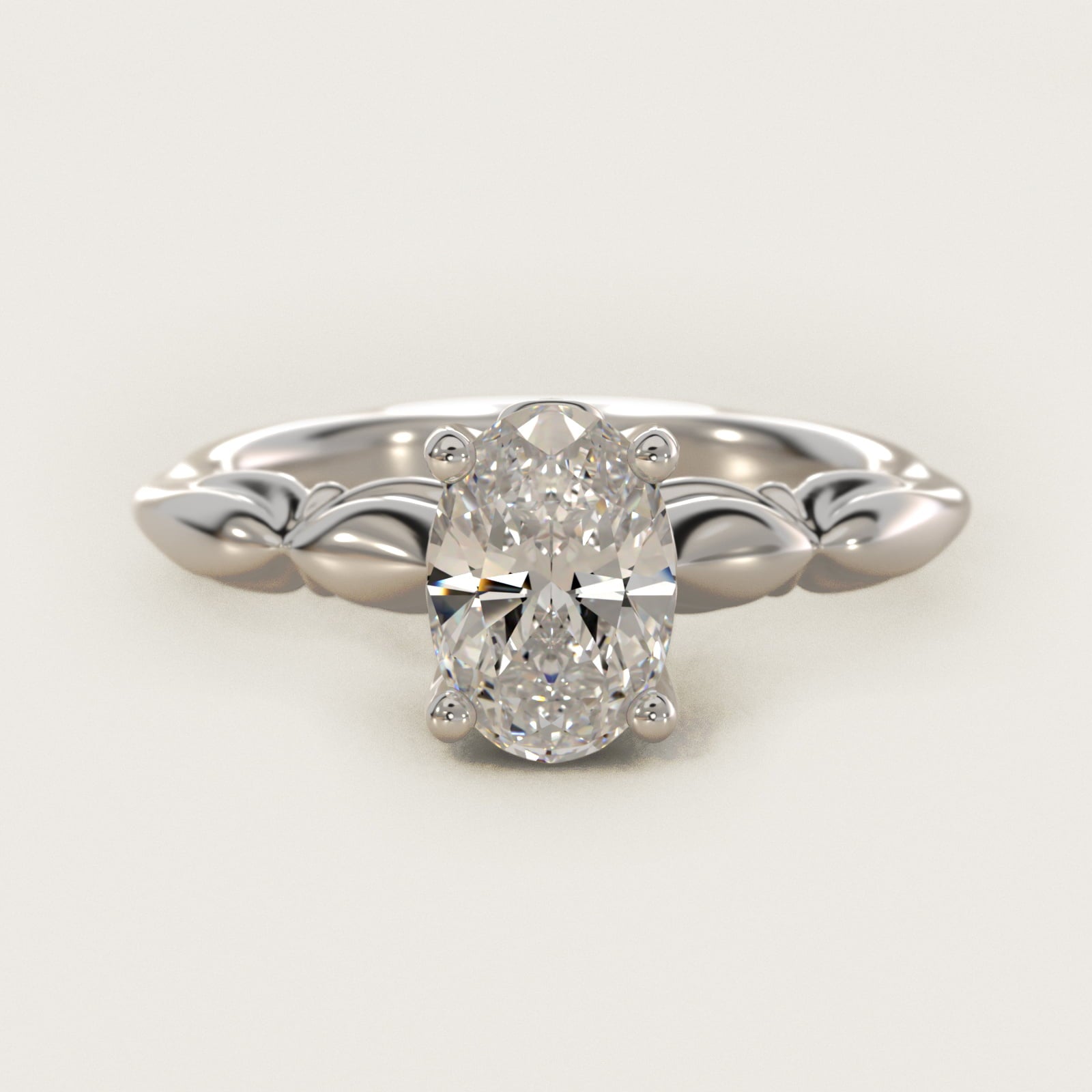 Engraved Solitaire Plus Diamond Engagement Ring in 18k White Gold - Oval Center