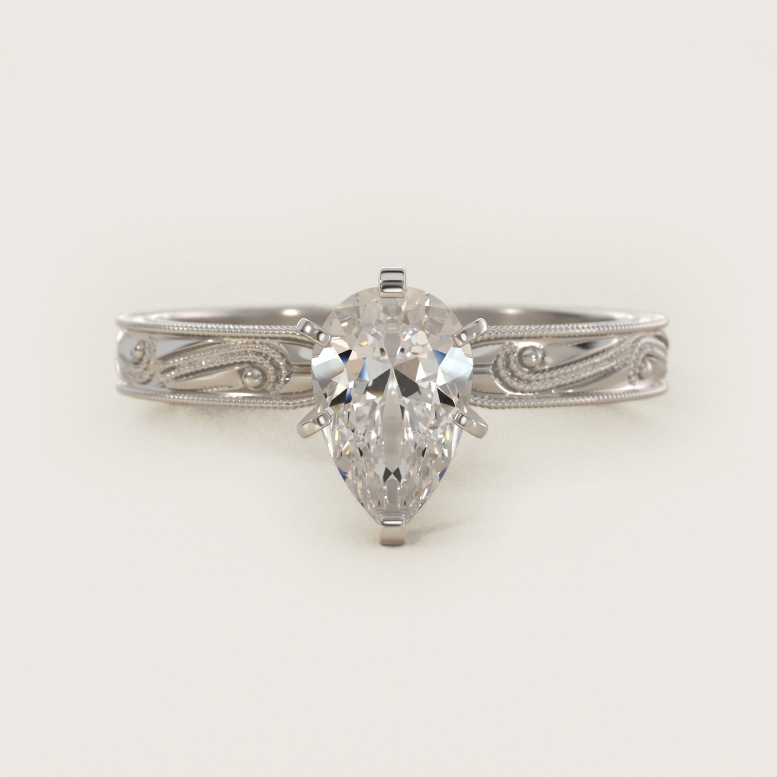 Engraved Solitaire Engagement Ring In 14K White Gold By James Allen - Pear Center