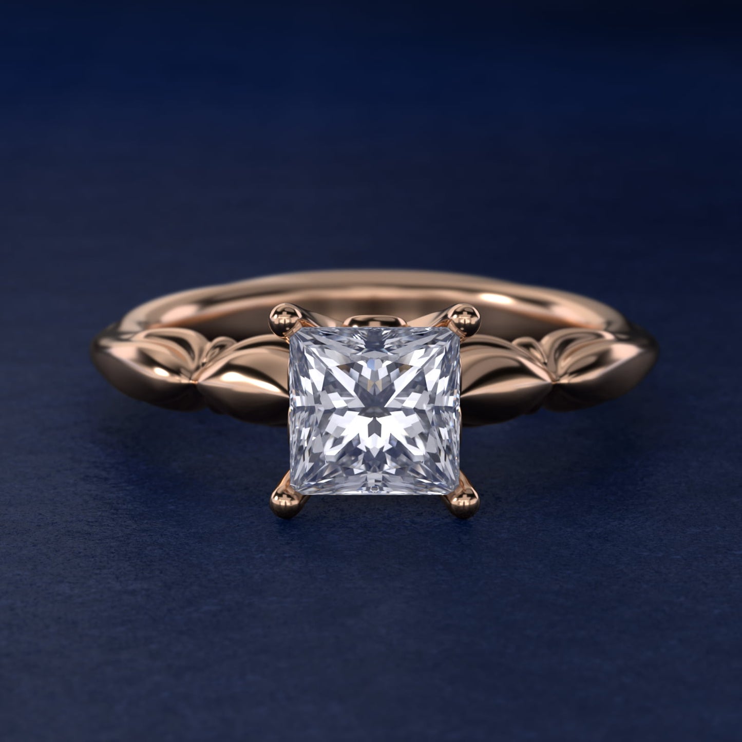 Engraved Solitaire Plus Diamond Engagement Ring in 18k Rose Gold - Princess Center