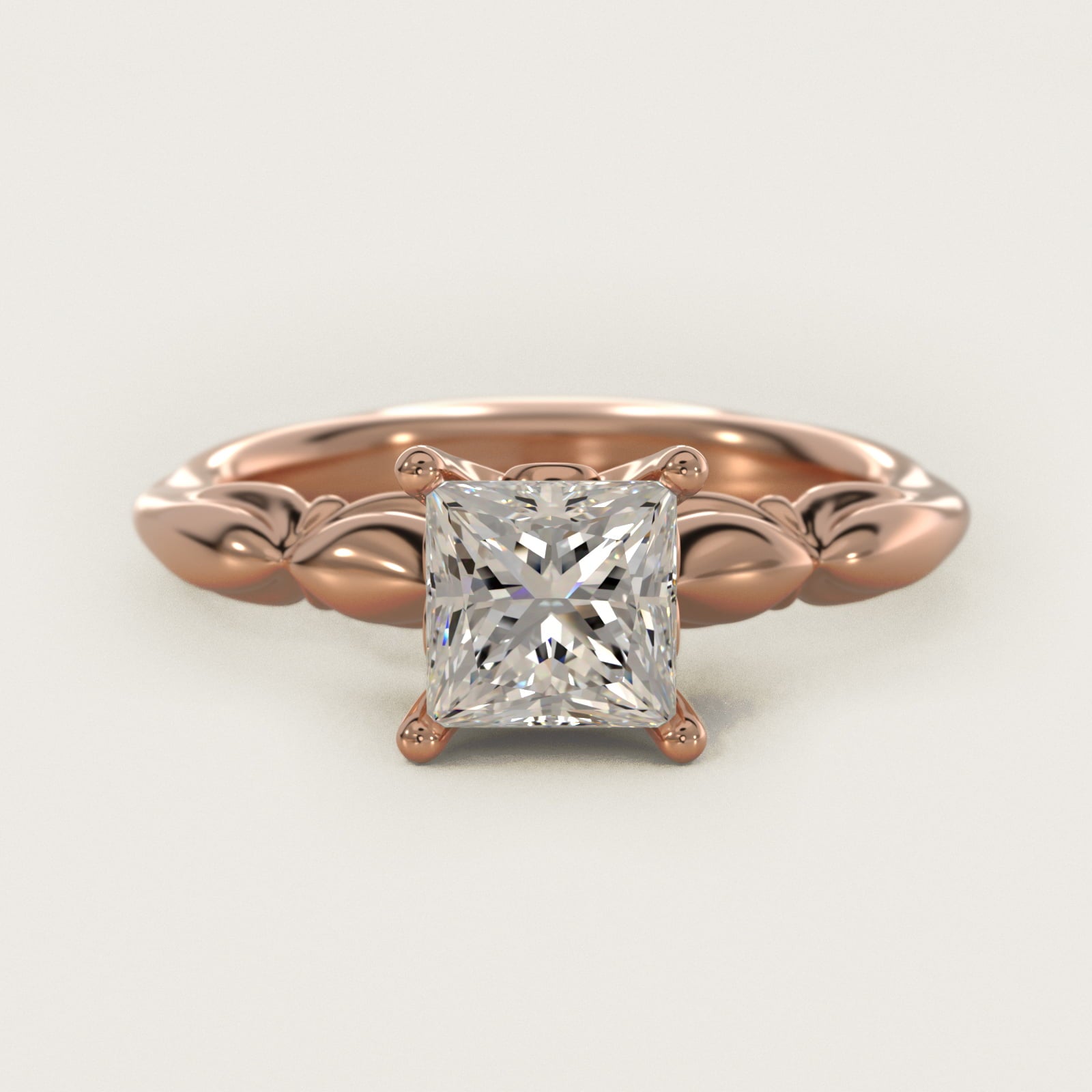 Engraved Solitaire Plus Diamond Engagement Ring in 18k Rose Gold - Princess Center