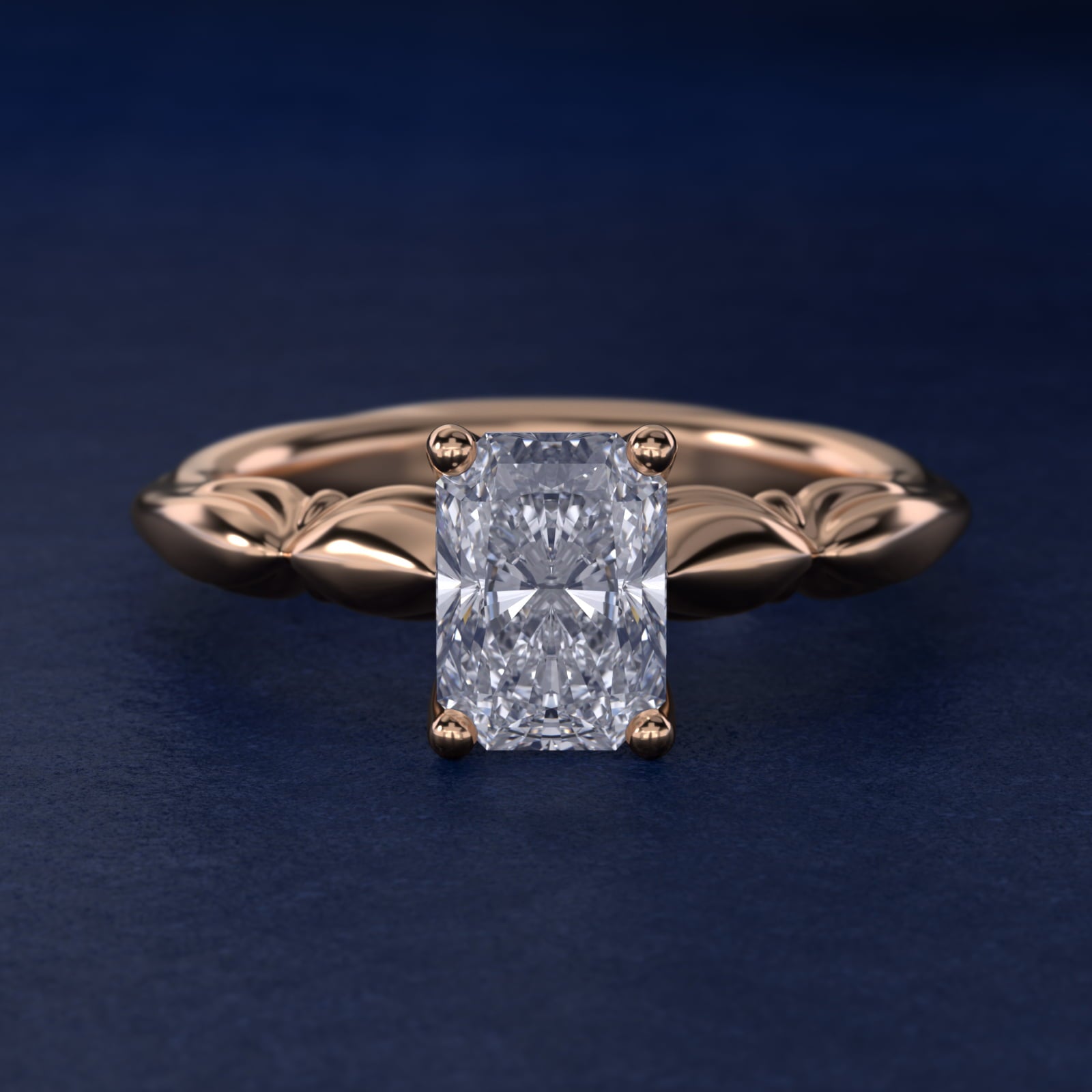 Engraved Solitaire Plus Diamond Engagement Ring in 18k Rose Gold - Radiant Center