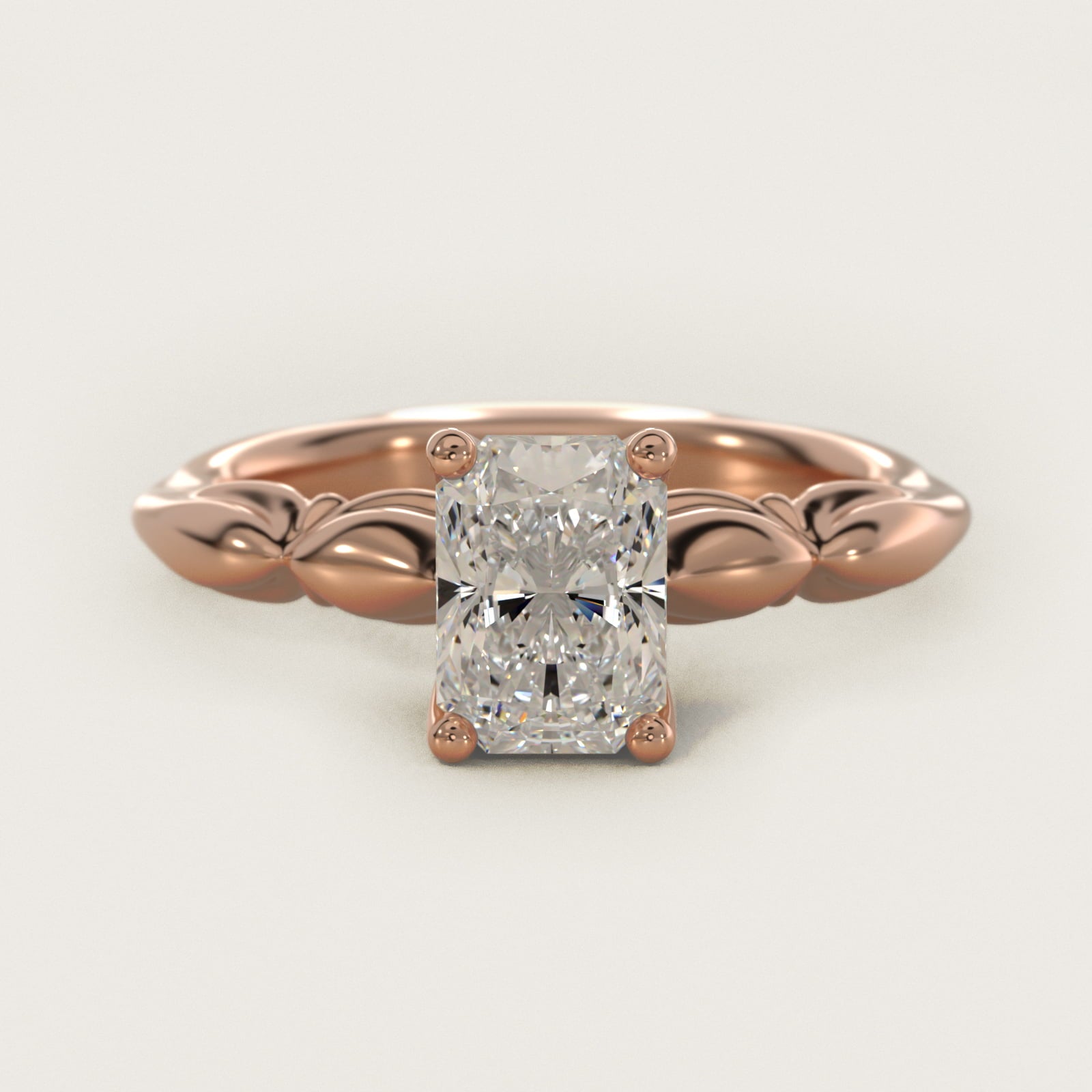 Engraved Solitaire Plus Diamond Engagement Ring in 14k Rose Gold - Radiant Center