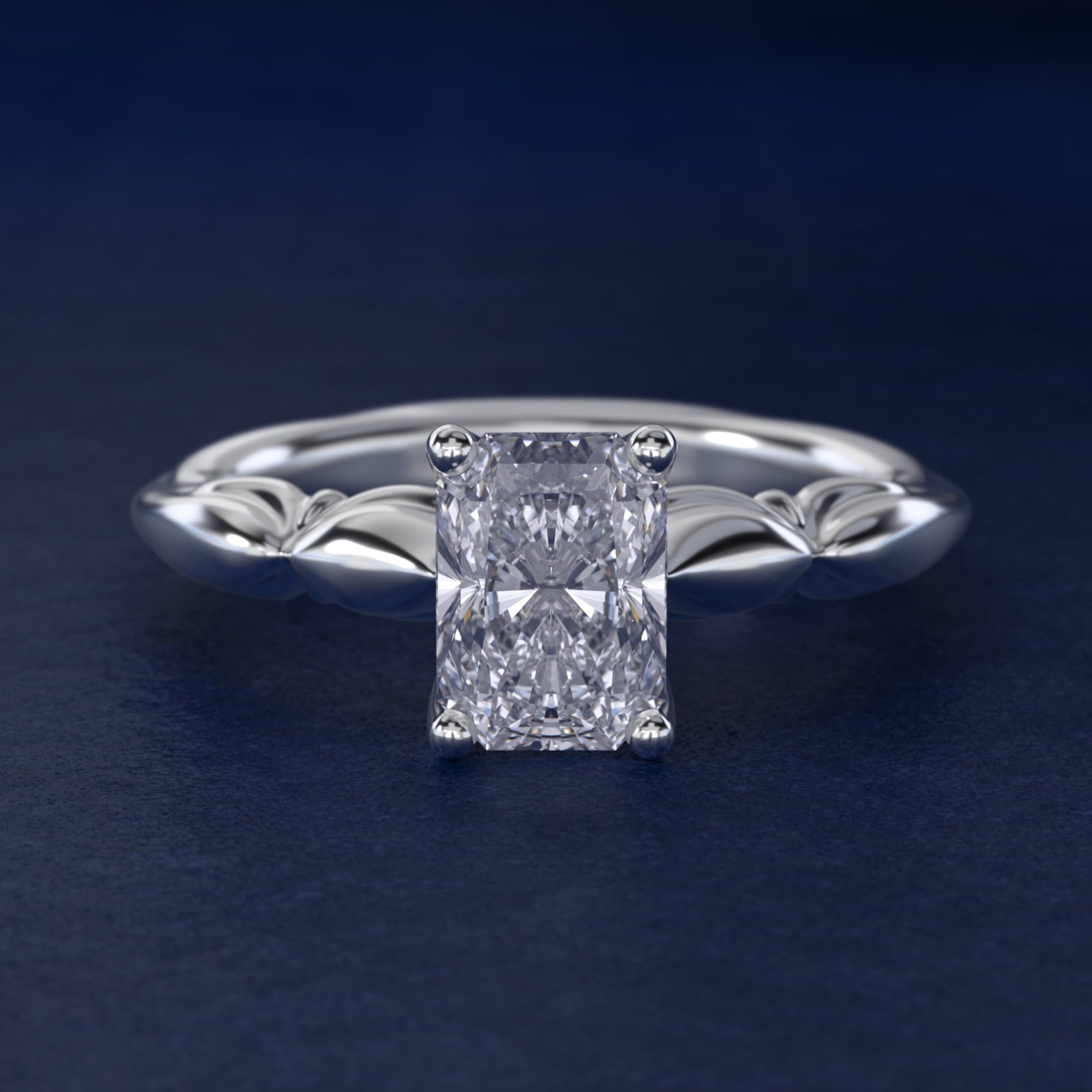 Engraved Solitaire Plus Diamond Engagement Ring in 18k White Gold - Radiant Center