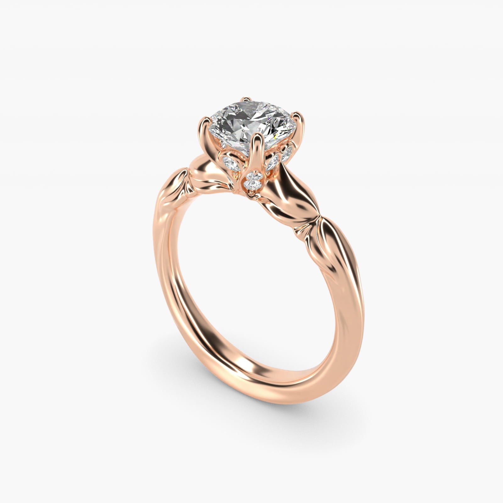 Engraved Solitaire Plus Diamond Engagement Ring in 18k Rose Gold - Round Center