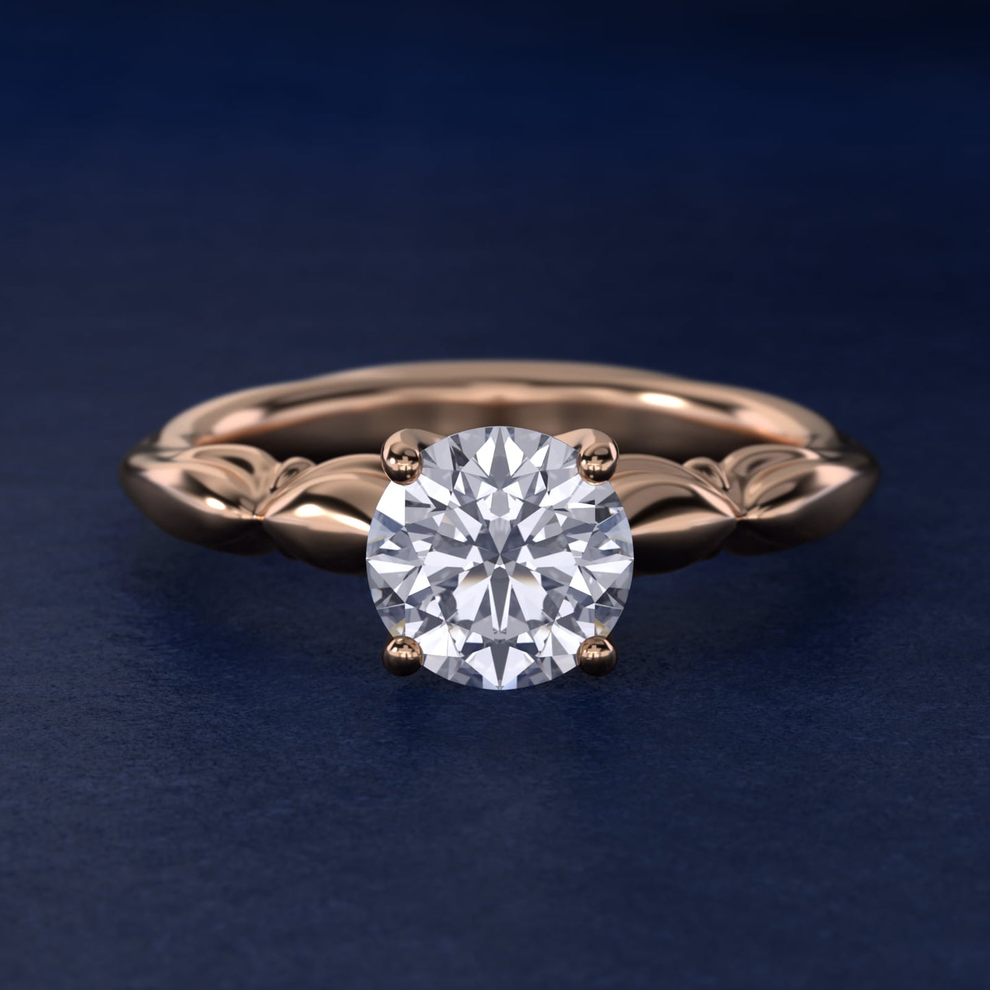 Engraved Solitaire Plus Diamond Engagement Ring in 18k Rose Gold - Round Center