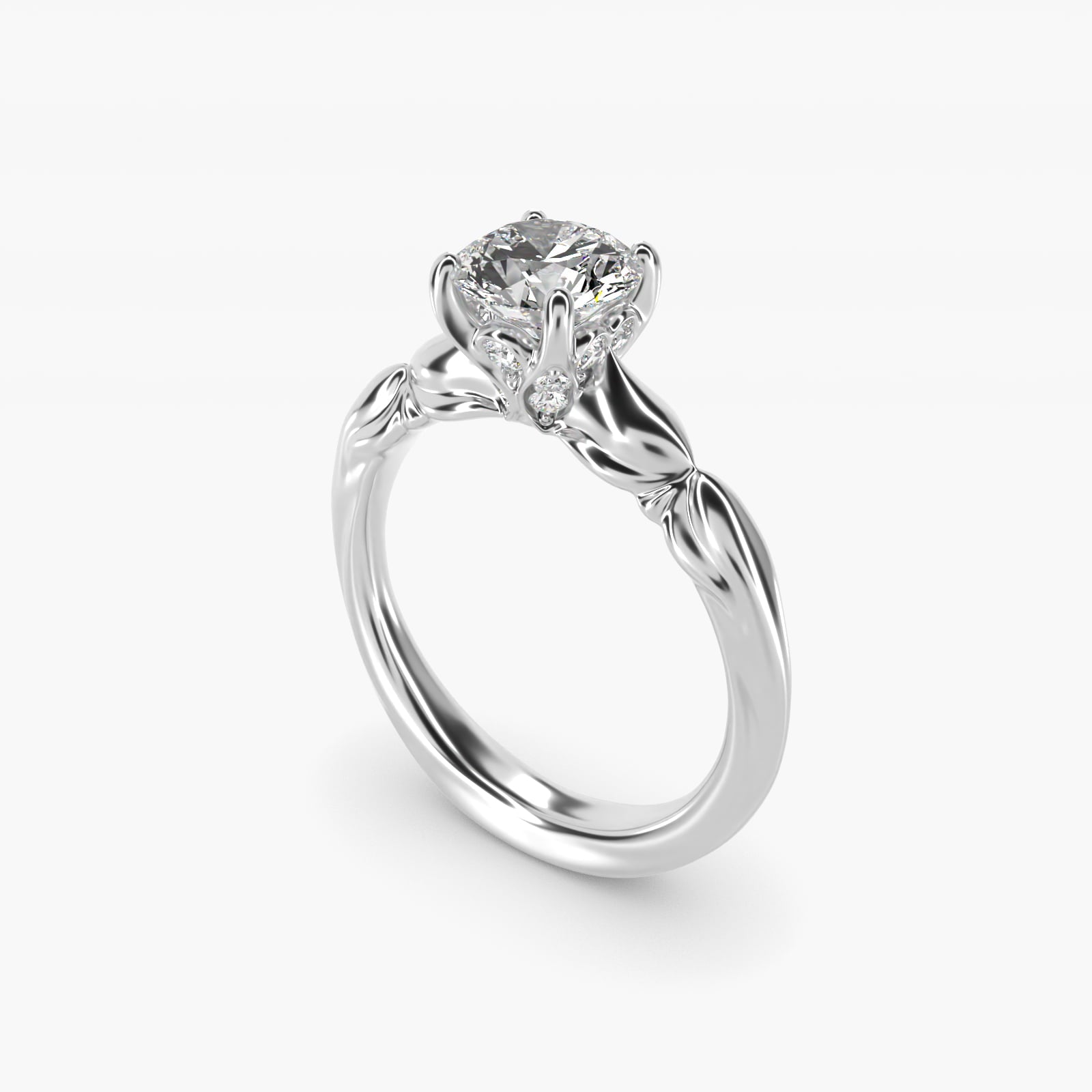 Engraved Solitaire Plus Diamond Engagement Ring in 14k White Gold - Round Center