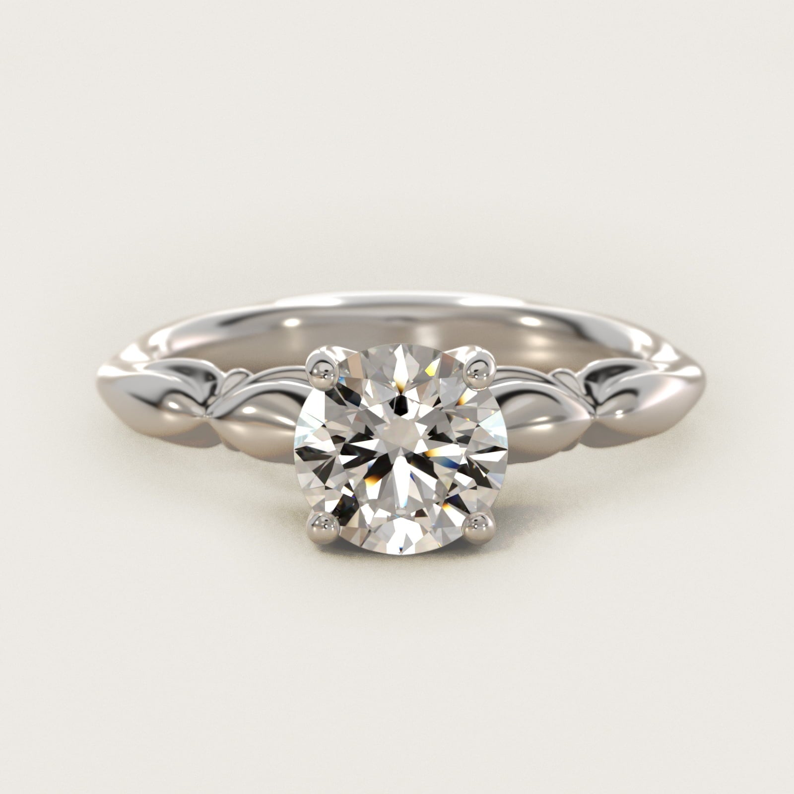 Engraved Solitaire Plus Diamond Engagement Ring in 14k White Gold - Round Center