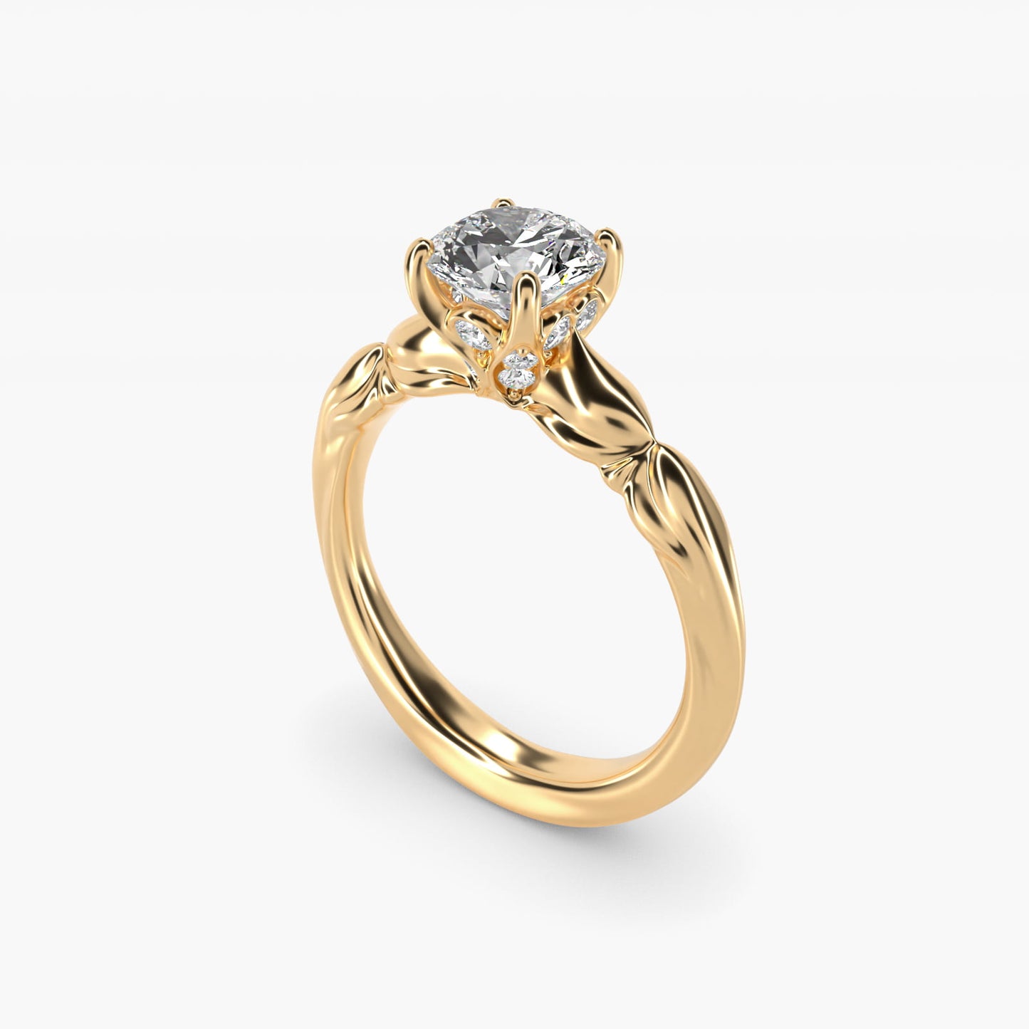 Engraved Solitaire Plus Diamond Engagement Ring in 14k Yellow Gold - Round Center