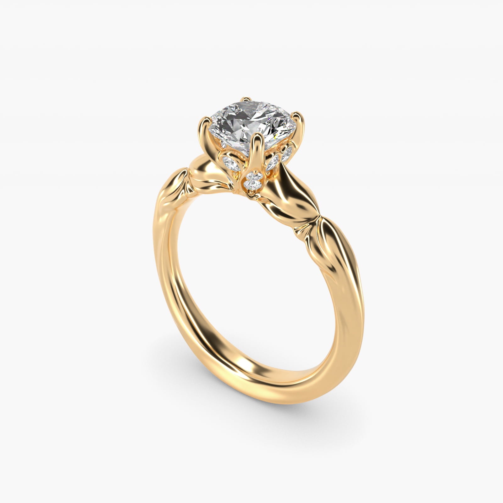 Engraved Solitaire Plus Diamond Engagement Ring in 18k Yellow Gold - Round Center