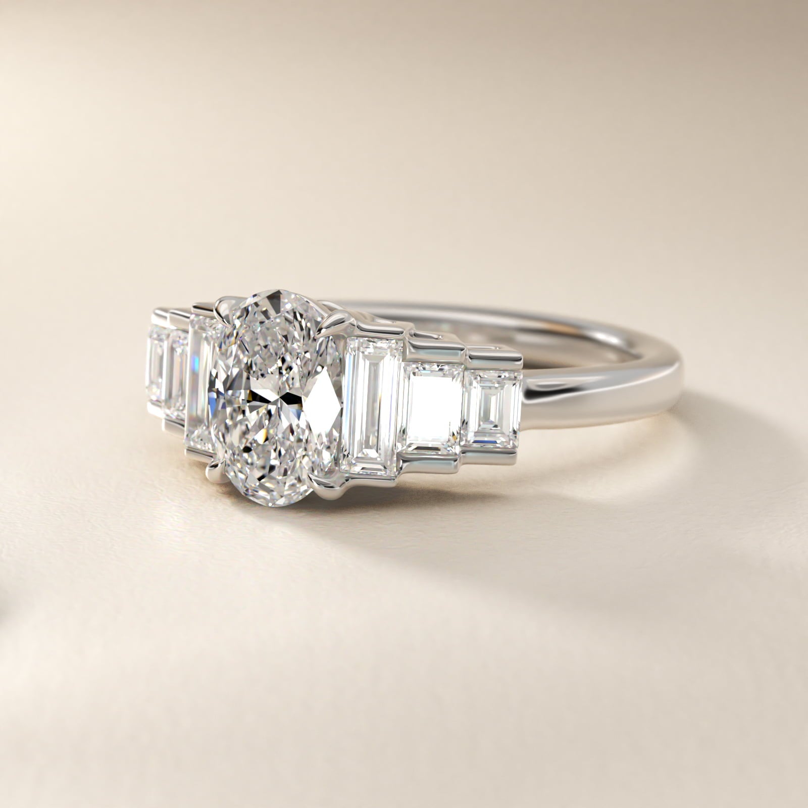 Escalating Baguette Side Stone Diamond Engagement Ring In 14K White Gold By James Allen - Oval Center