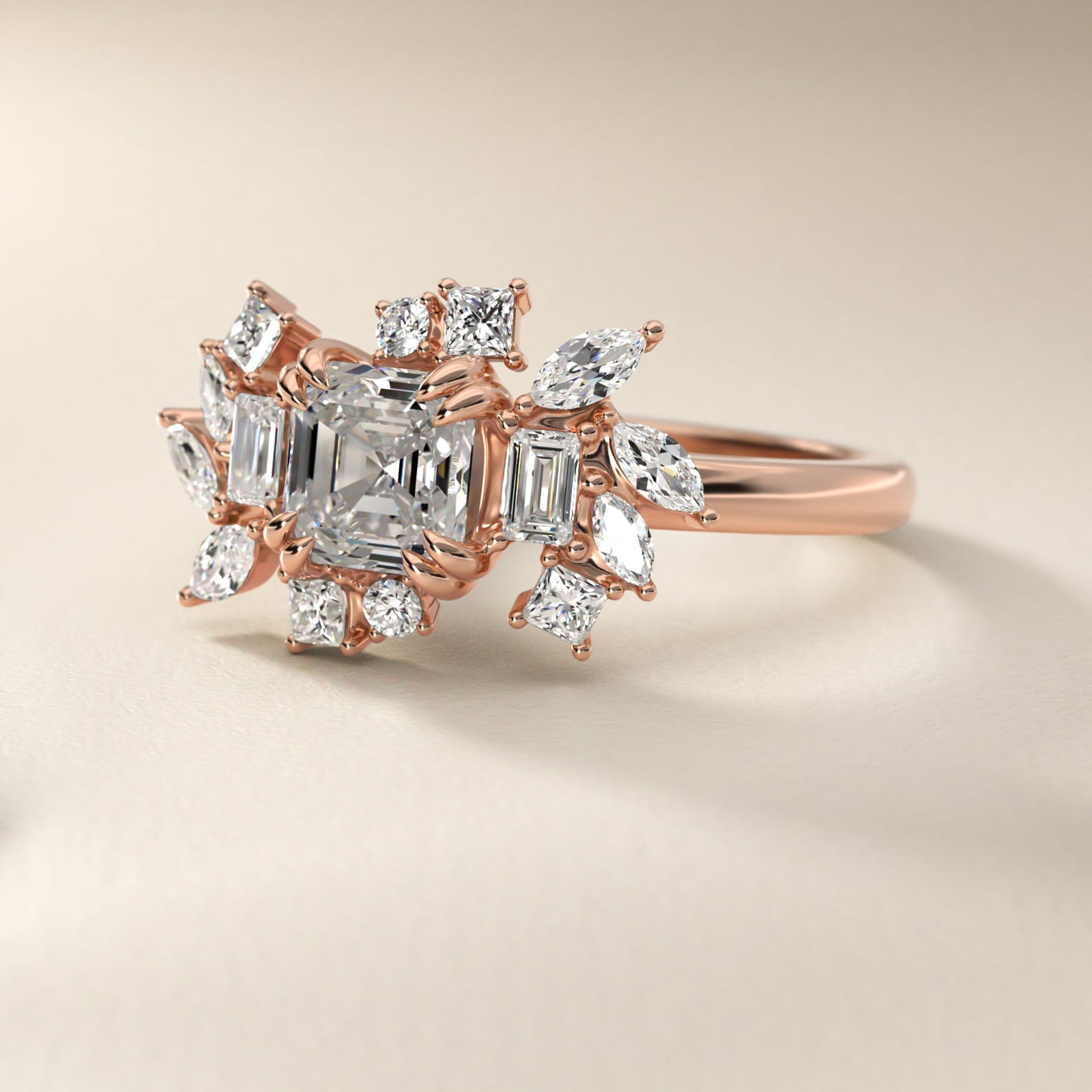 Faceted Side Stone Diamond Engagement Ring In 14K Rose Gold By James Allen - Asscher Center