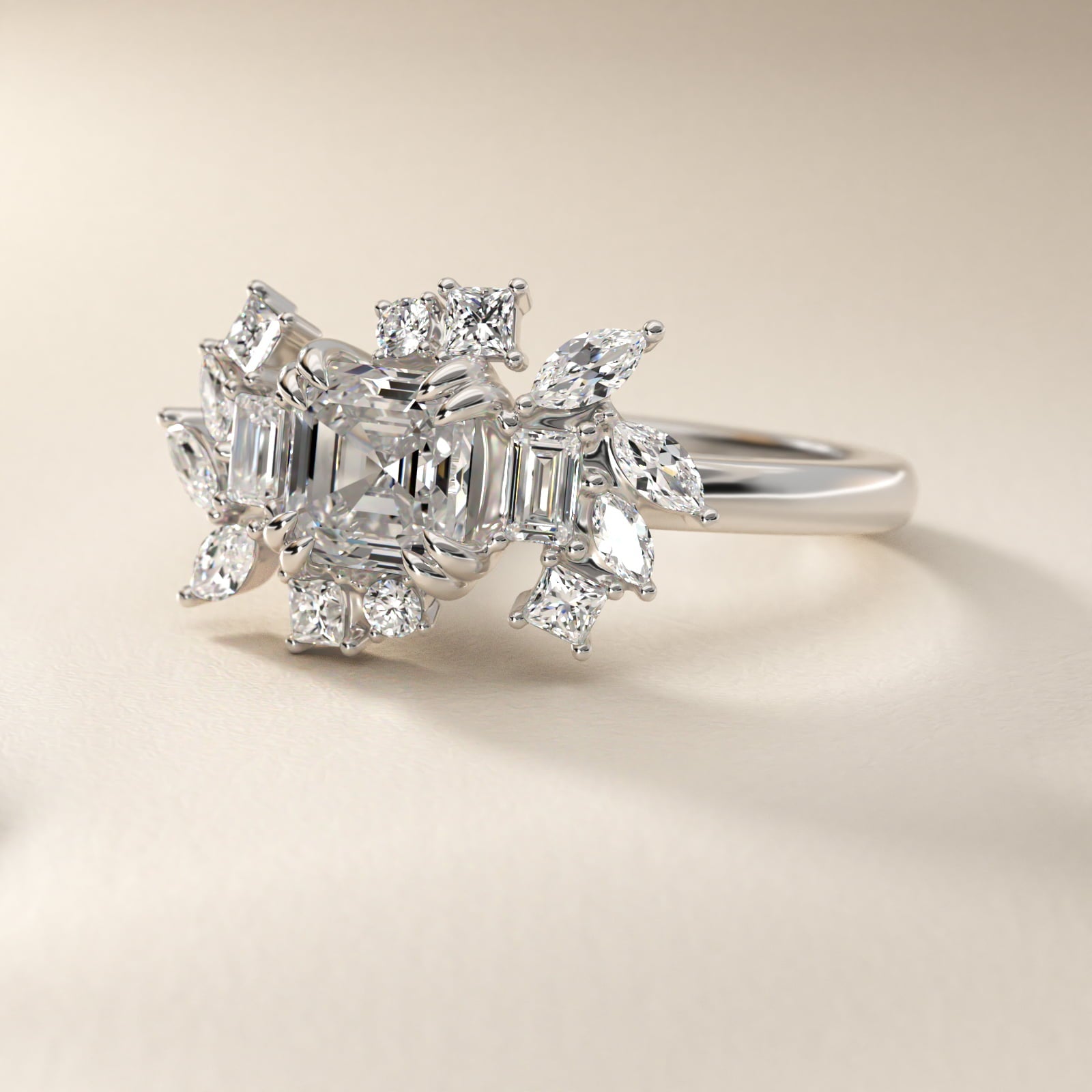 Faceted Side Stone Diamond Engagement Ring In 18k White Gold By James Allen - Asscher Center