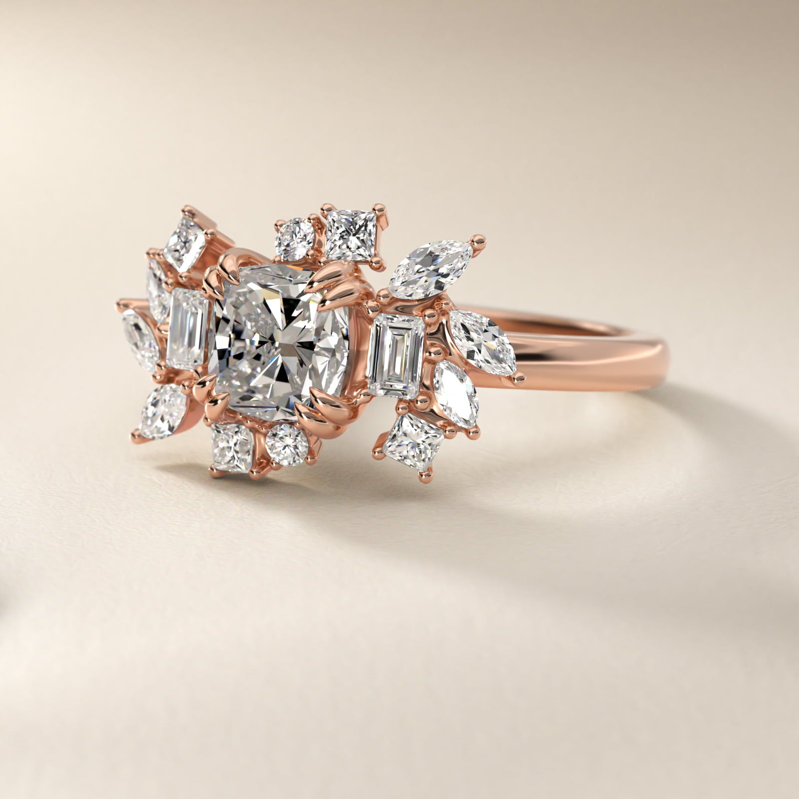 Faceted Side Stone Diamond Engagement Ring In 18k Rose Gold By James Allen - Cushion Center