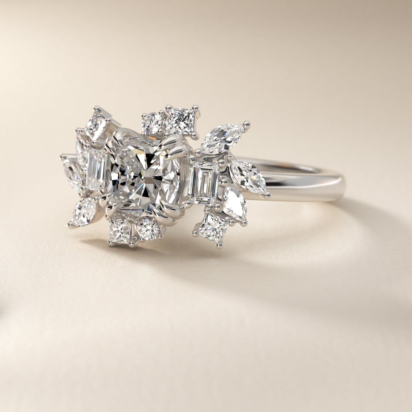 Faceted Side Stone Diamond Engagement Ring In 18k White Gold By James Allen - Cushion Center