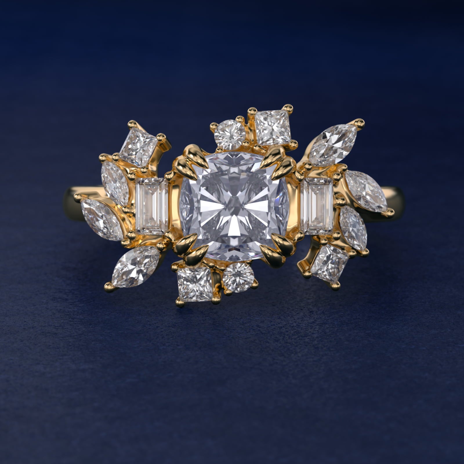 Faceted Side Stone Diamond Engagement Ring In 14K Yellow Gold By James Allen - Cushion Center