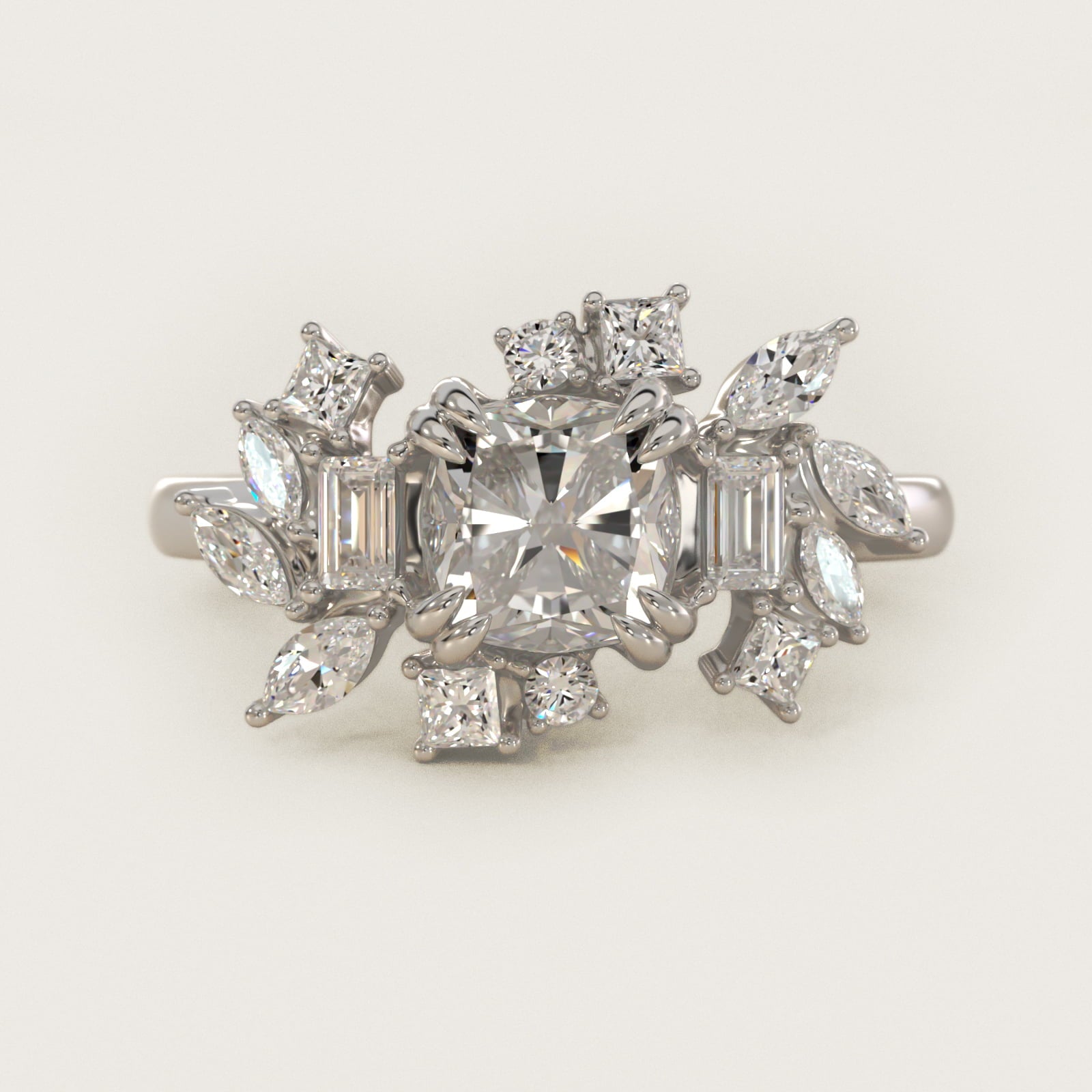 Faceted Side Stone Diamond Engagement Ring In Platinum By James Allen - Cushion Center