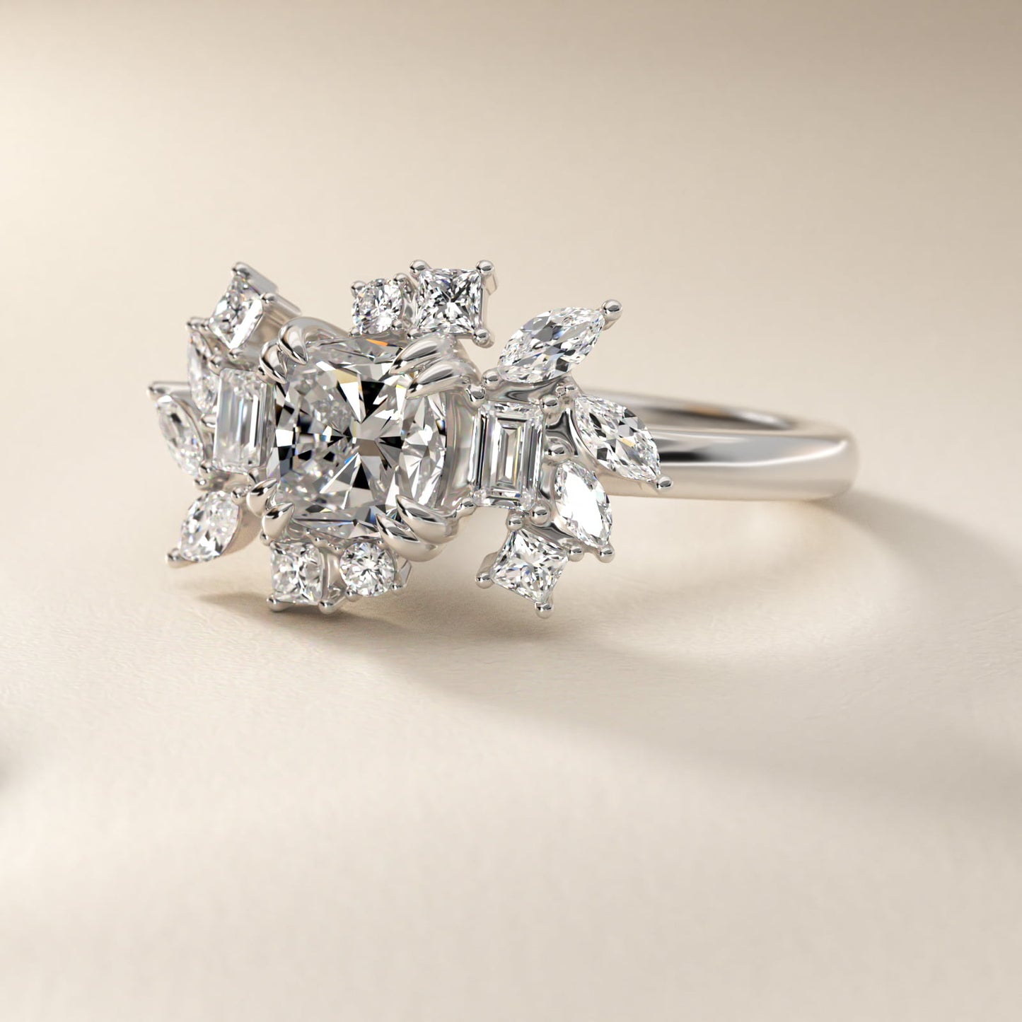 Faceted Side Stone Diamond Engagement Ring In Platinum By James Allen - Cushion Center