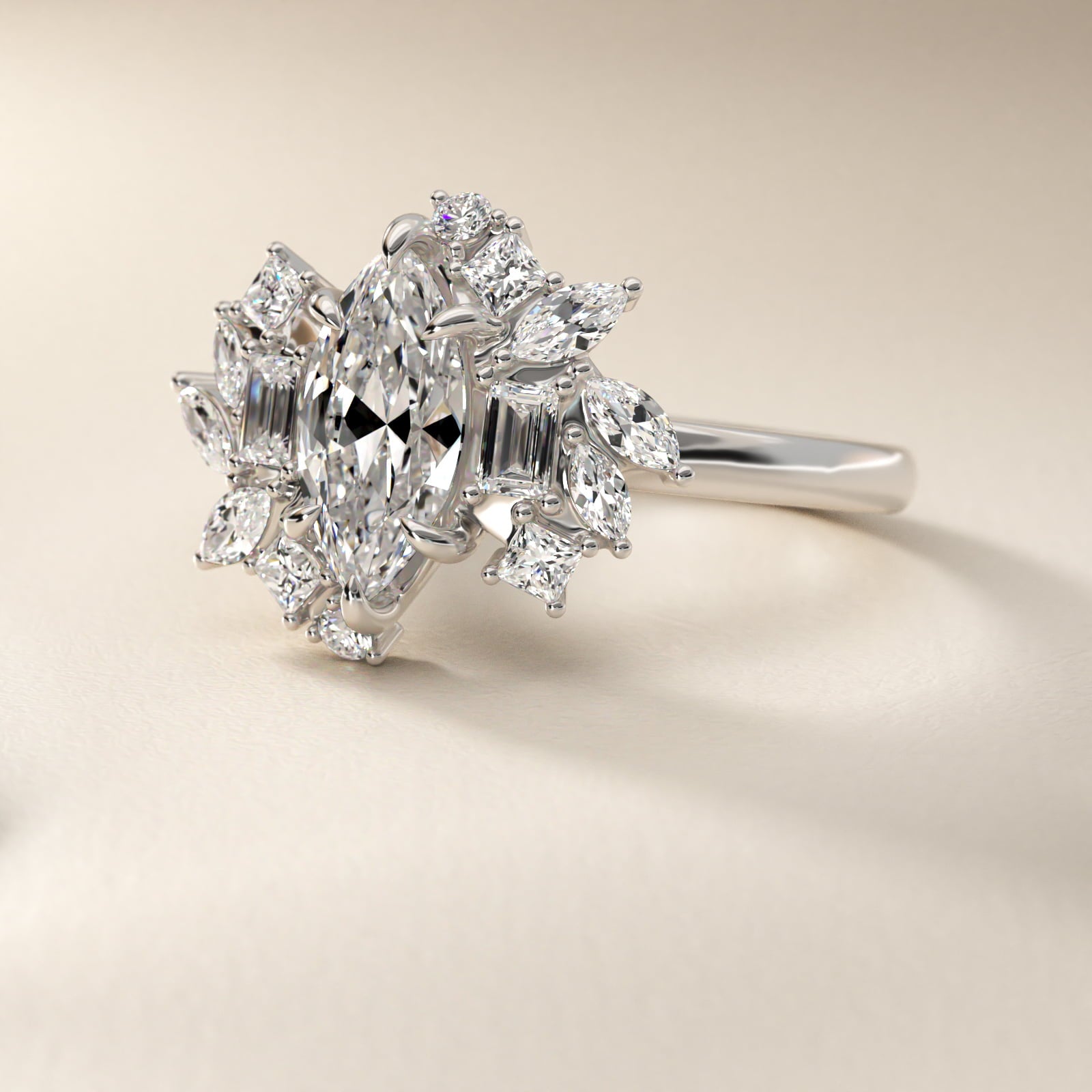 Faceted Side Stone Diamond Engagement Ring In 14K White Gold By James Allen - Marquise Center