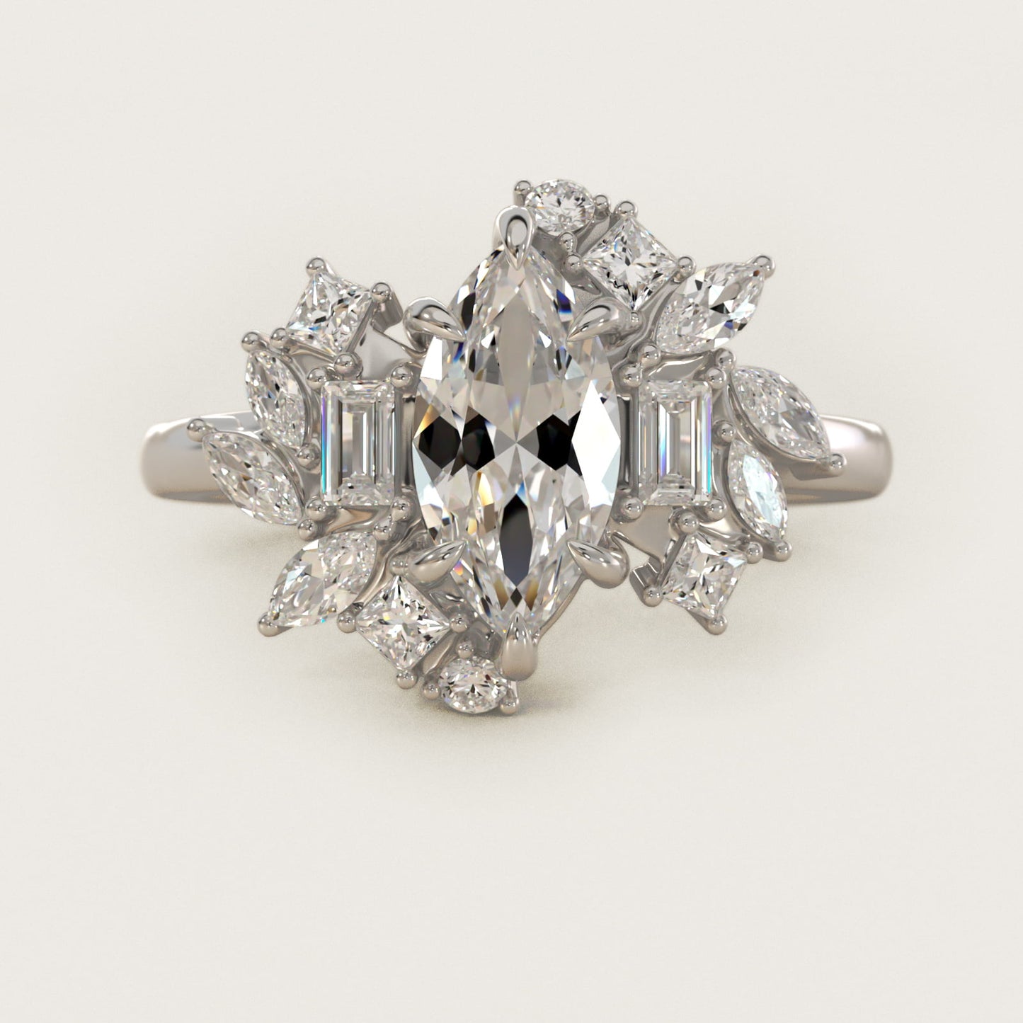 Faceted Side Stone Diamond Engagement Ring In Platinum By James Allen - Marquise Center