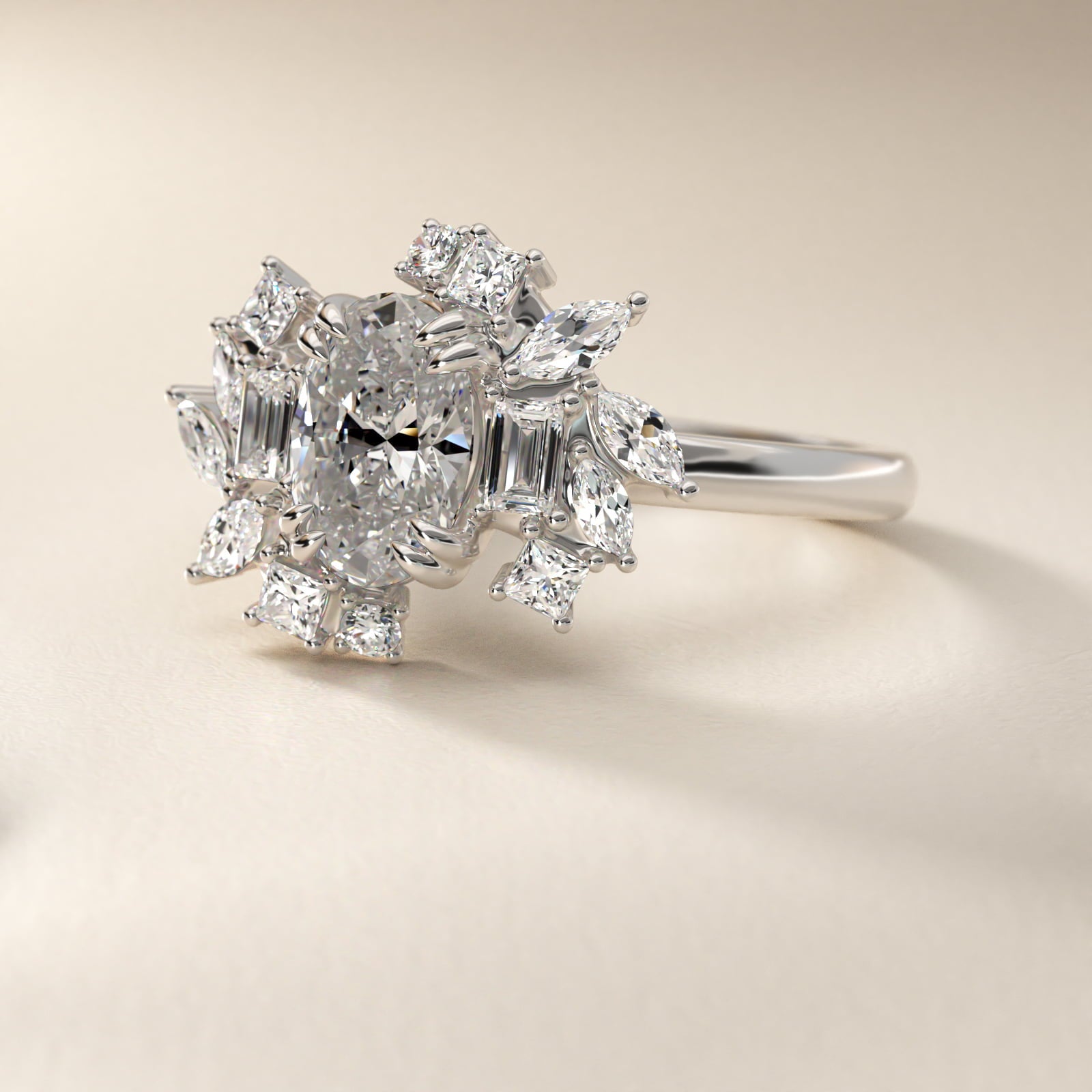 Faceted Side Stone Diamond Engagement Ring In Platinum By James Allen - Oval Center