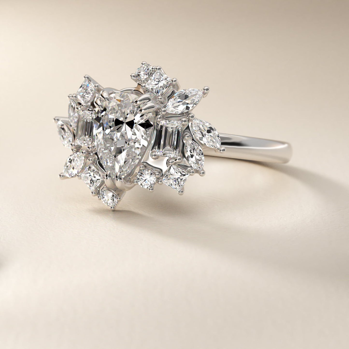 Faceted Side Stone Diamond Engagement Ring In 14K White Gold By James Allen - Pear Center