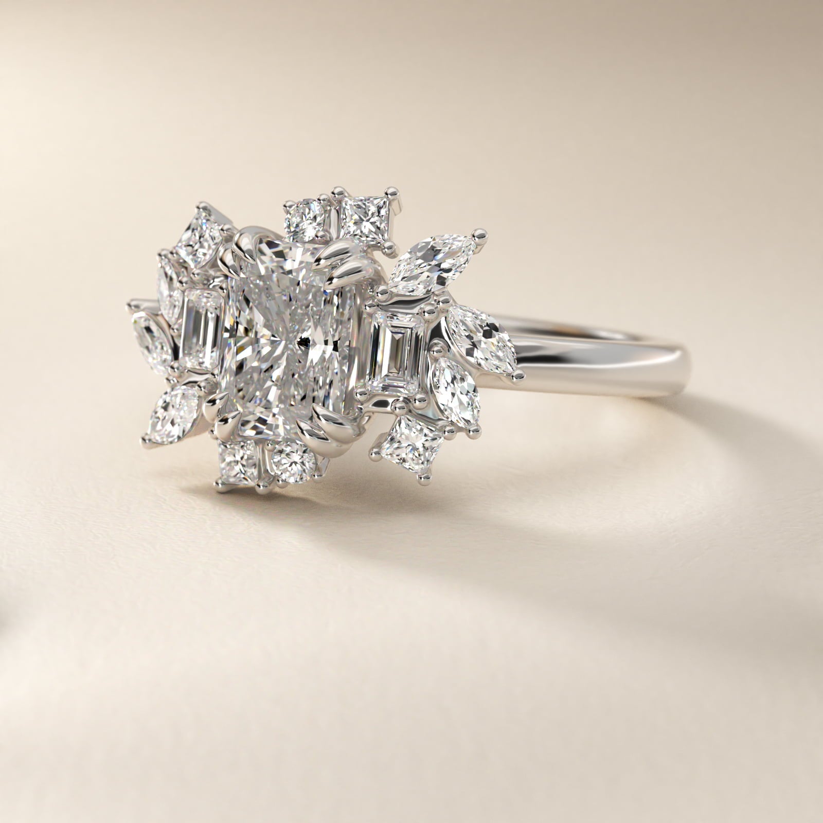 Faceted Side Stone Diamond Engagement Ring In 18k White Gold By James Allen - Radiant Center