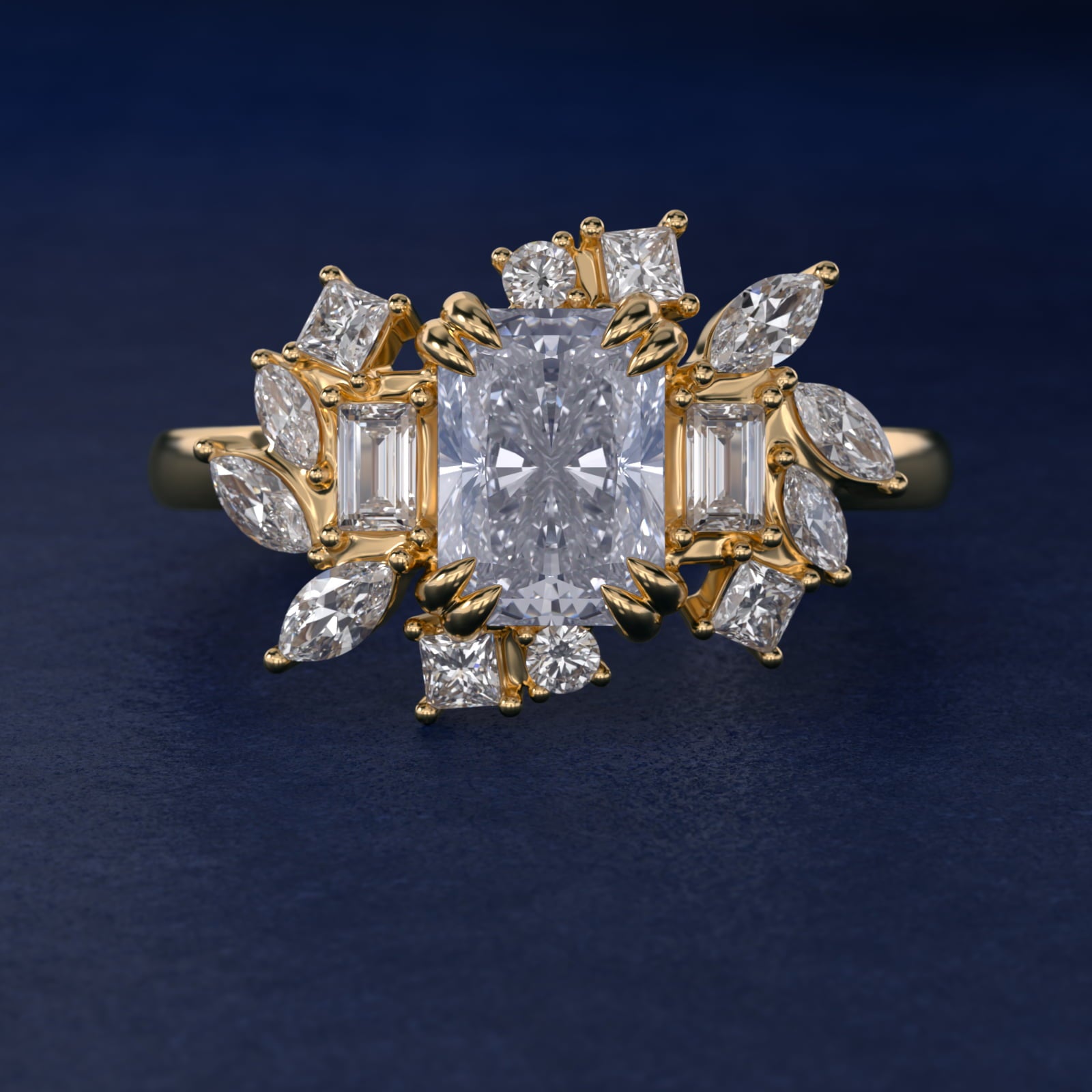 Faceted Side Stone Diamond Engagement Ring In 14K Yellow Gold By James Allen - Radiant Center