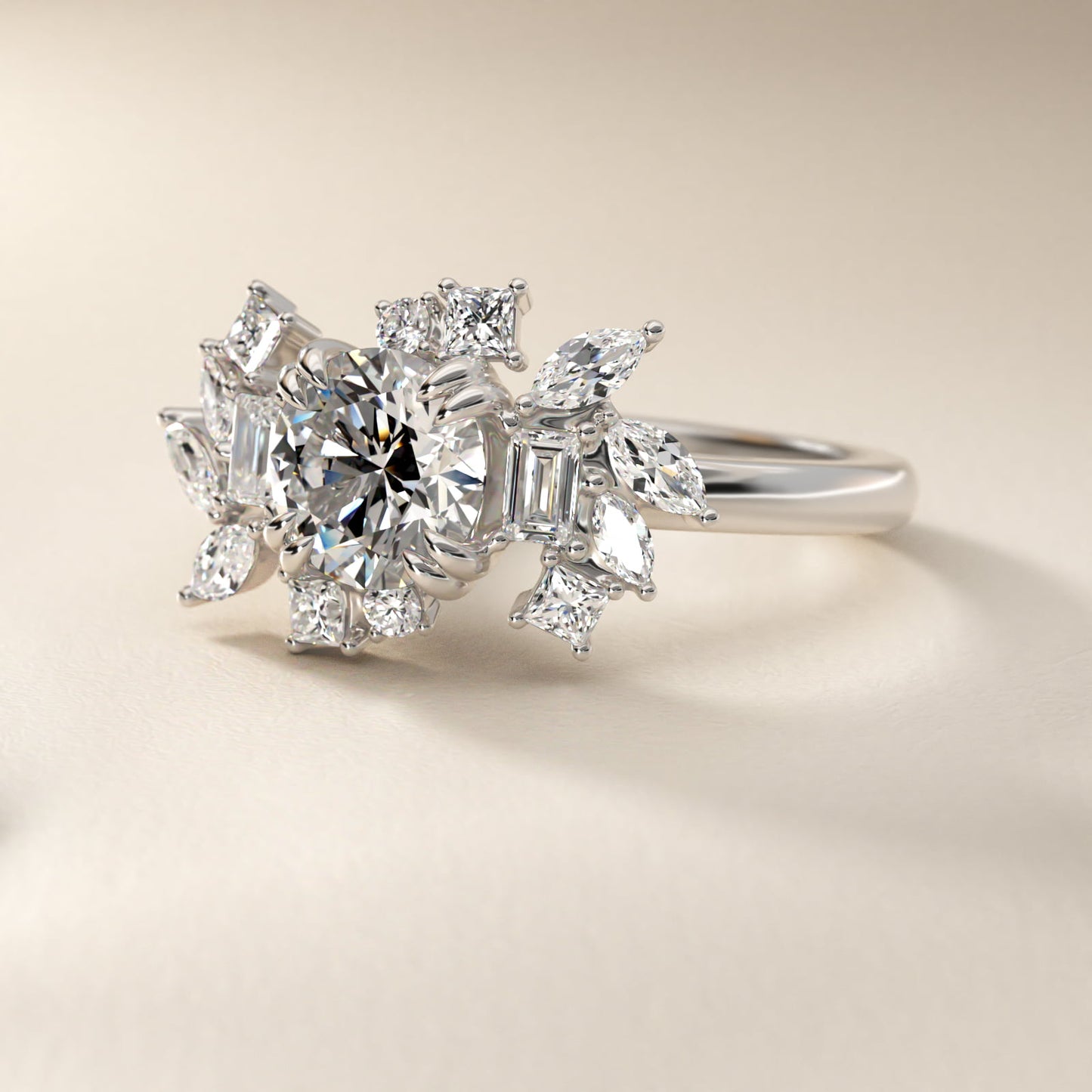 Faceted Side Stone Diamond Engagement Ring In 14K White Gold By James Allen - Round Center