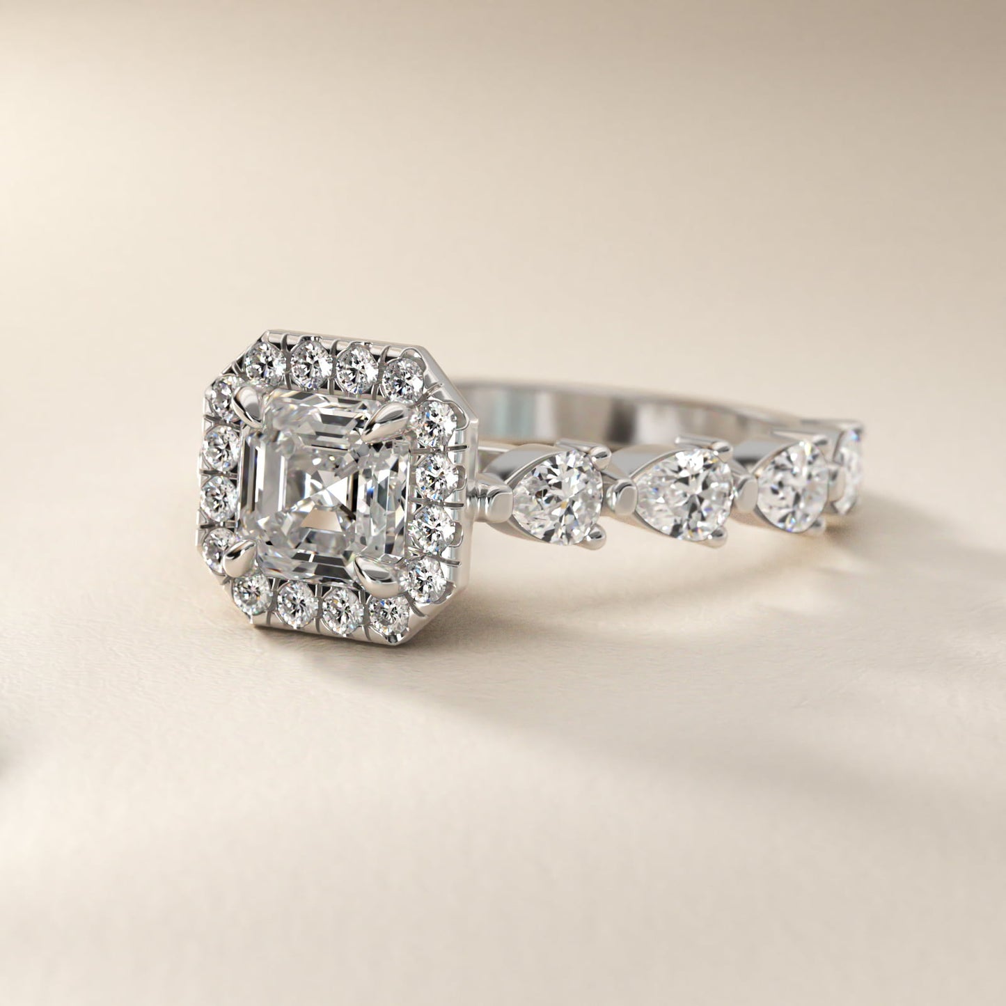 Fancy Pear Halo Engagement Ring in 14k White Gold - Asscher Center