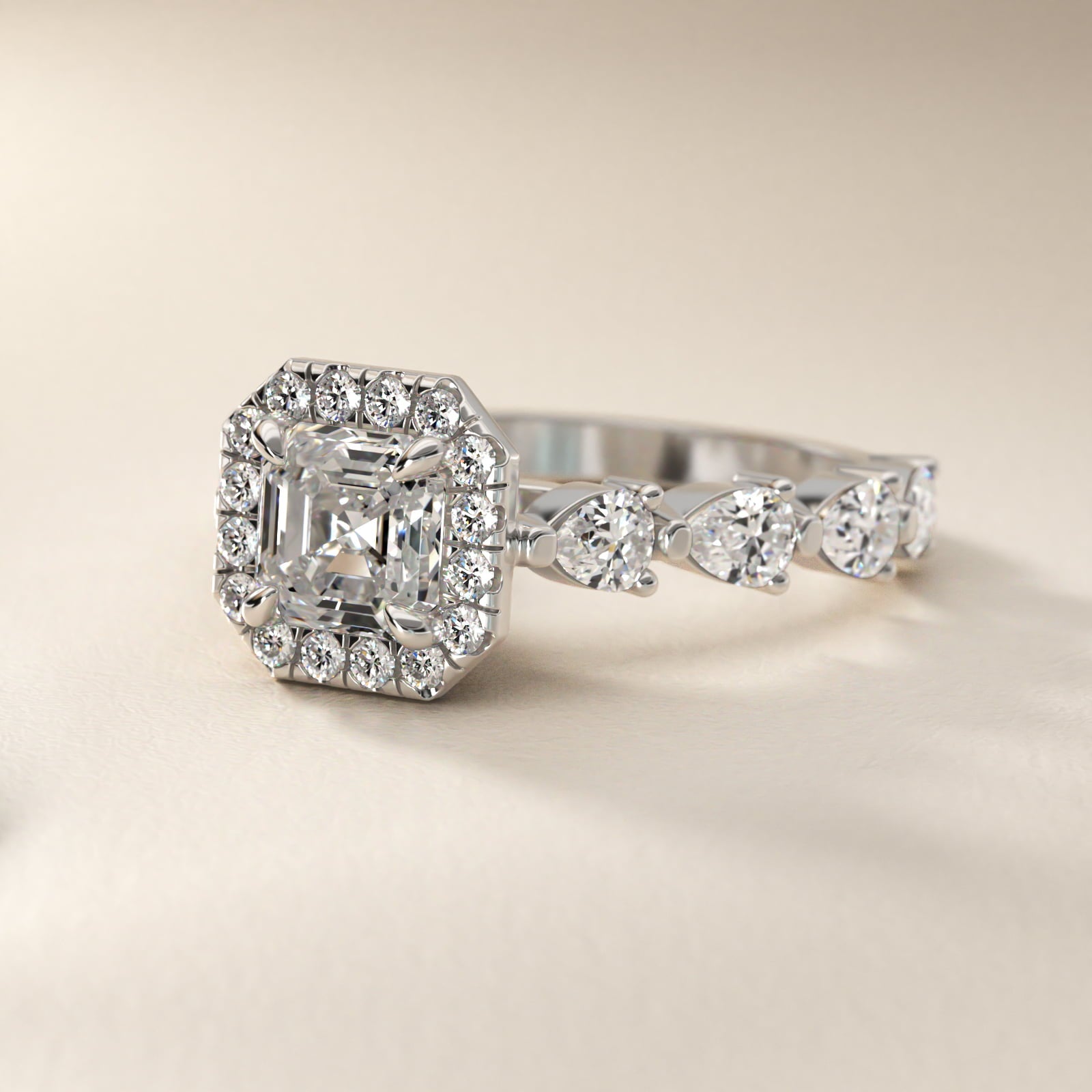 Fancy Pear Halo Engagement Ring in 14k White Gold - Asscher Center