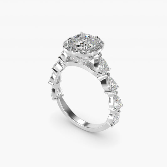 Fancy Pear Halo Engagement Ring in 14k White Gold - Cushion Center