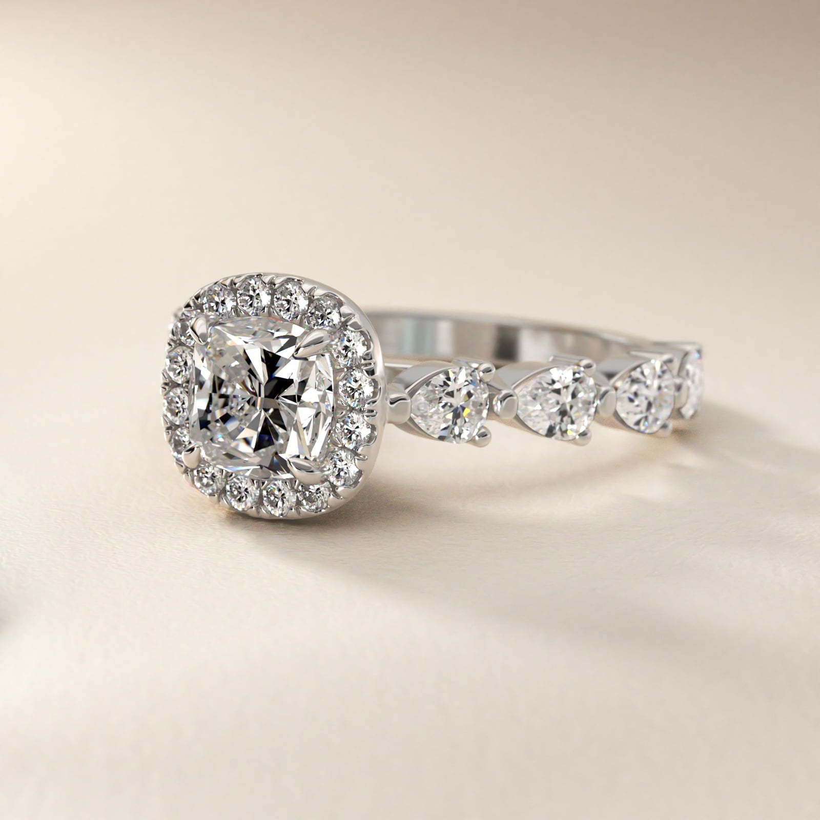 Fancy Pear Halo Engagement Ring in 14k White Gold - Cushion Center