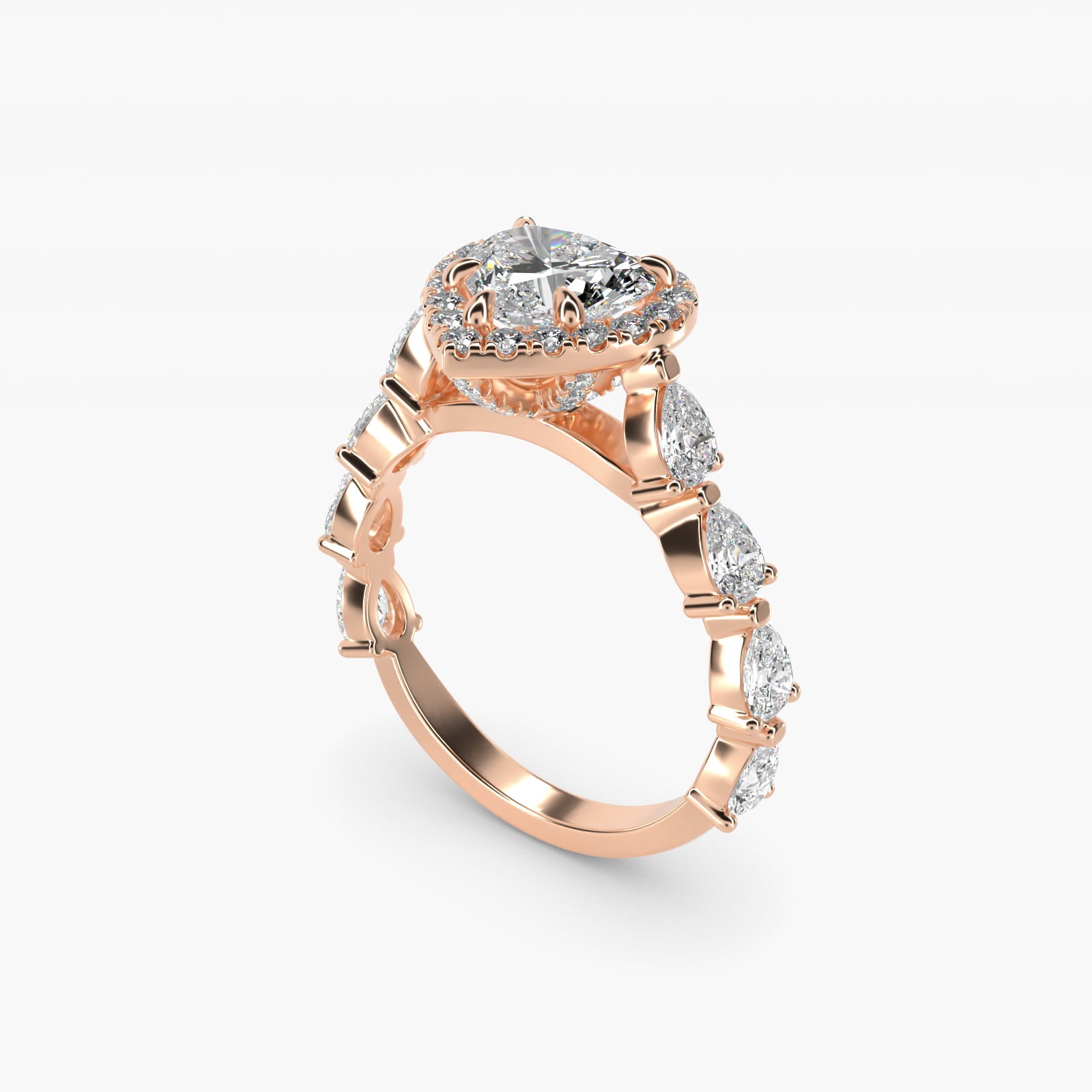 Fancy Pear Halo Engagement Ring in 14k Rose Gold - Heart Center