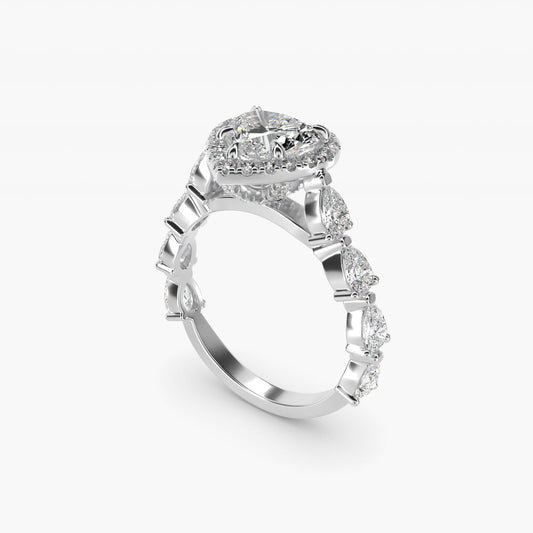 Fancy Pear Halo Engagement Ring in 18k White Gold - Heart Center