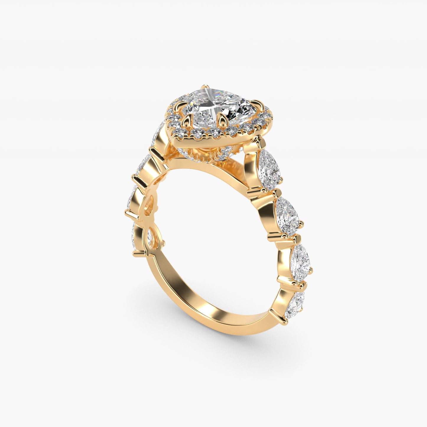 Fancy Pear Halo Engagement Ring in 14k Yellow Gold - Heart Center