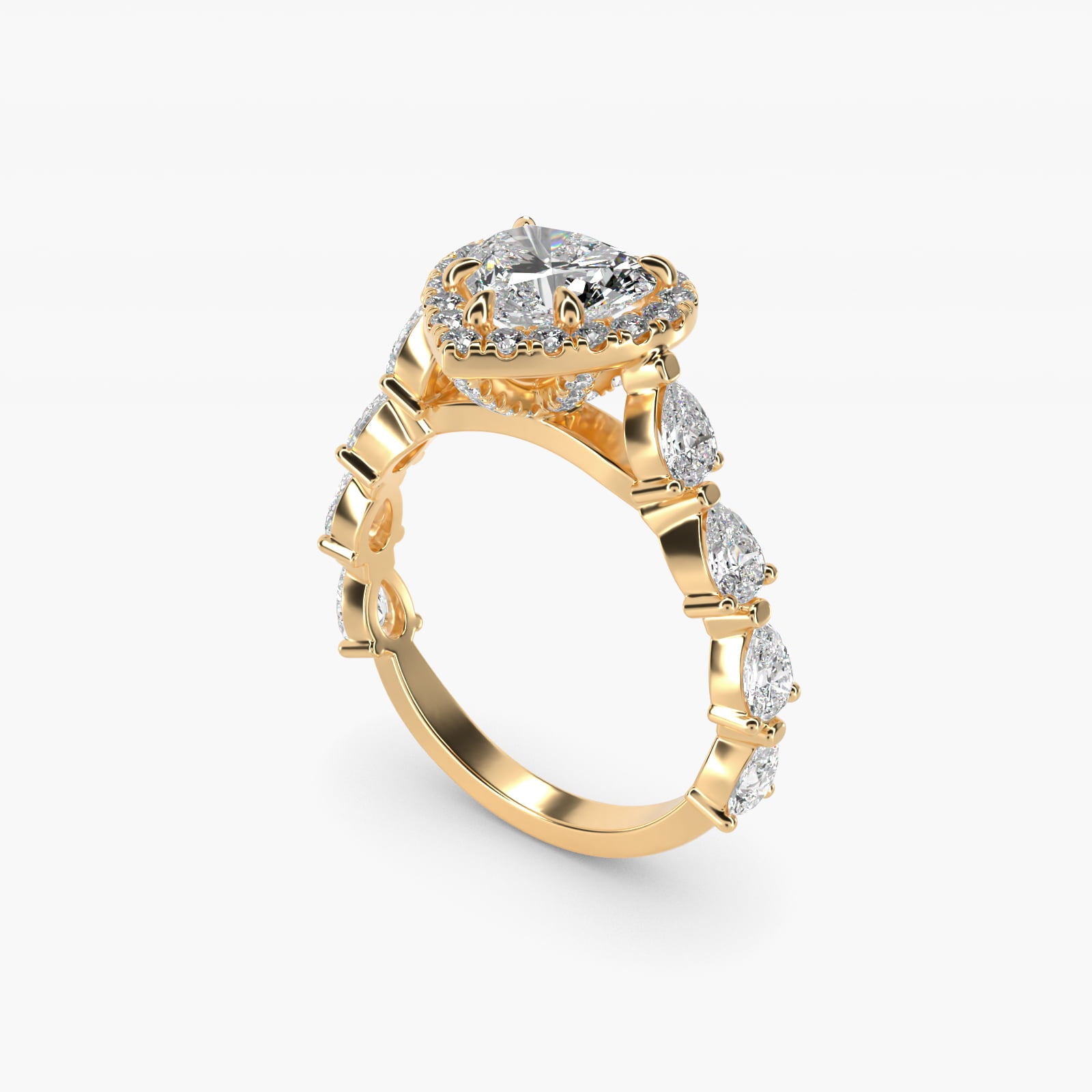 Fancy Pear Halo Engagement Ring in 14k Yellow Gold - Heart Center