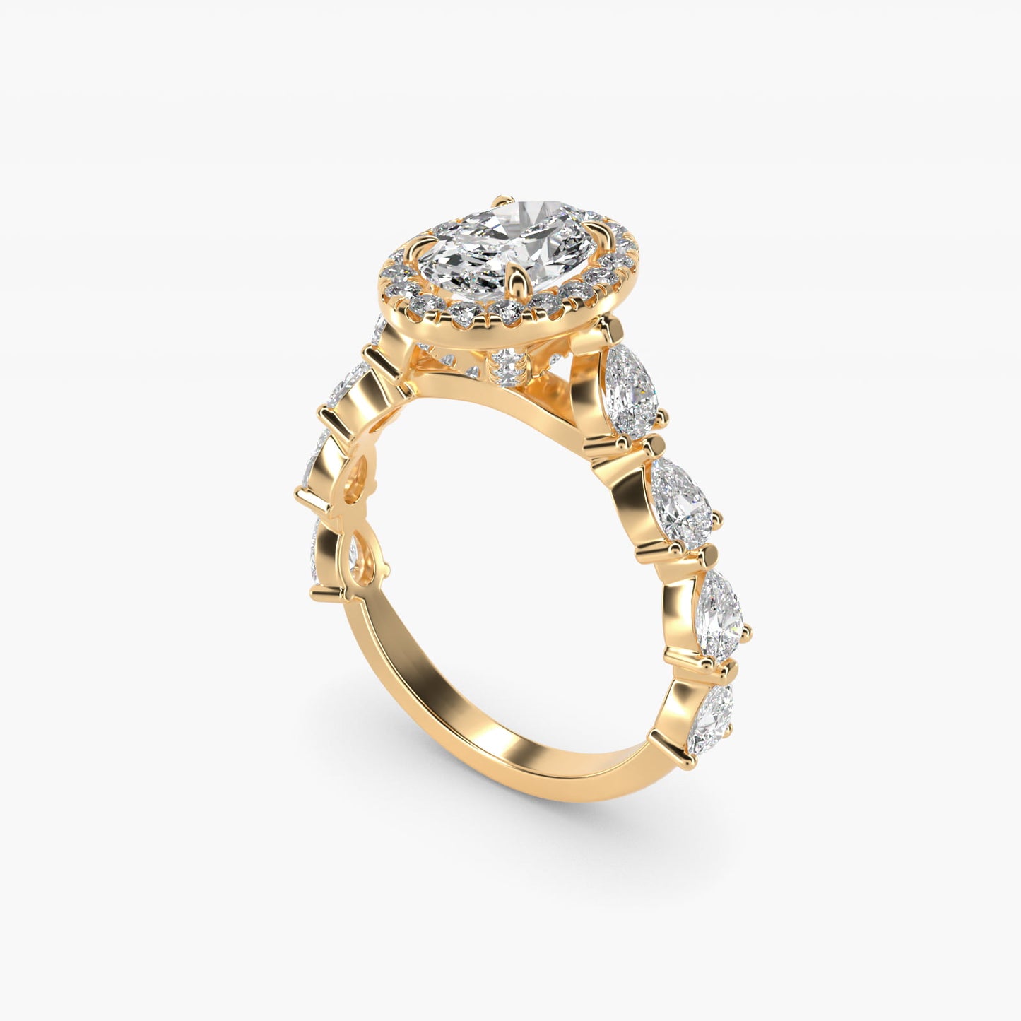 Fancy Pear Halo Engagement Ring in 14k Yellow Gold - Oval Center