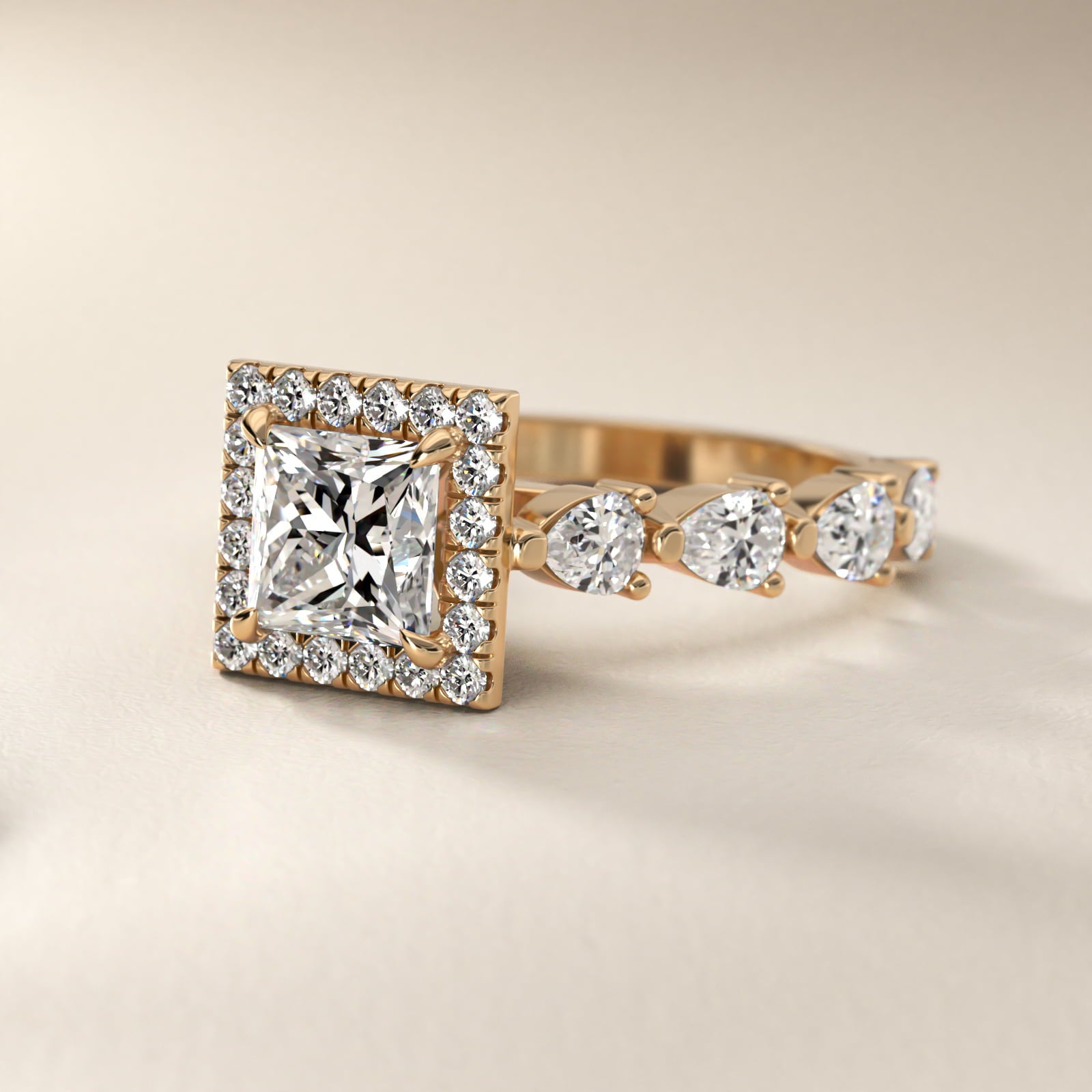 Fancy Pear Halo Engagement Ring in 14k Yellow Gold - Princess Center