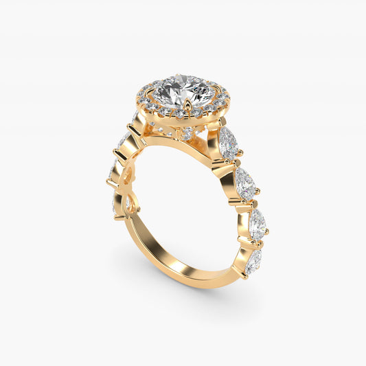 Fancy Pear Halo Engagement Ring in 14k Yellow Gold - Round Center