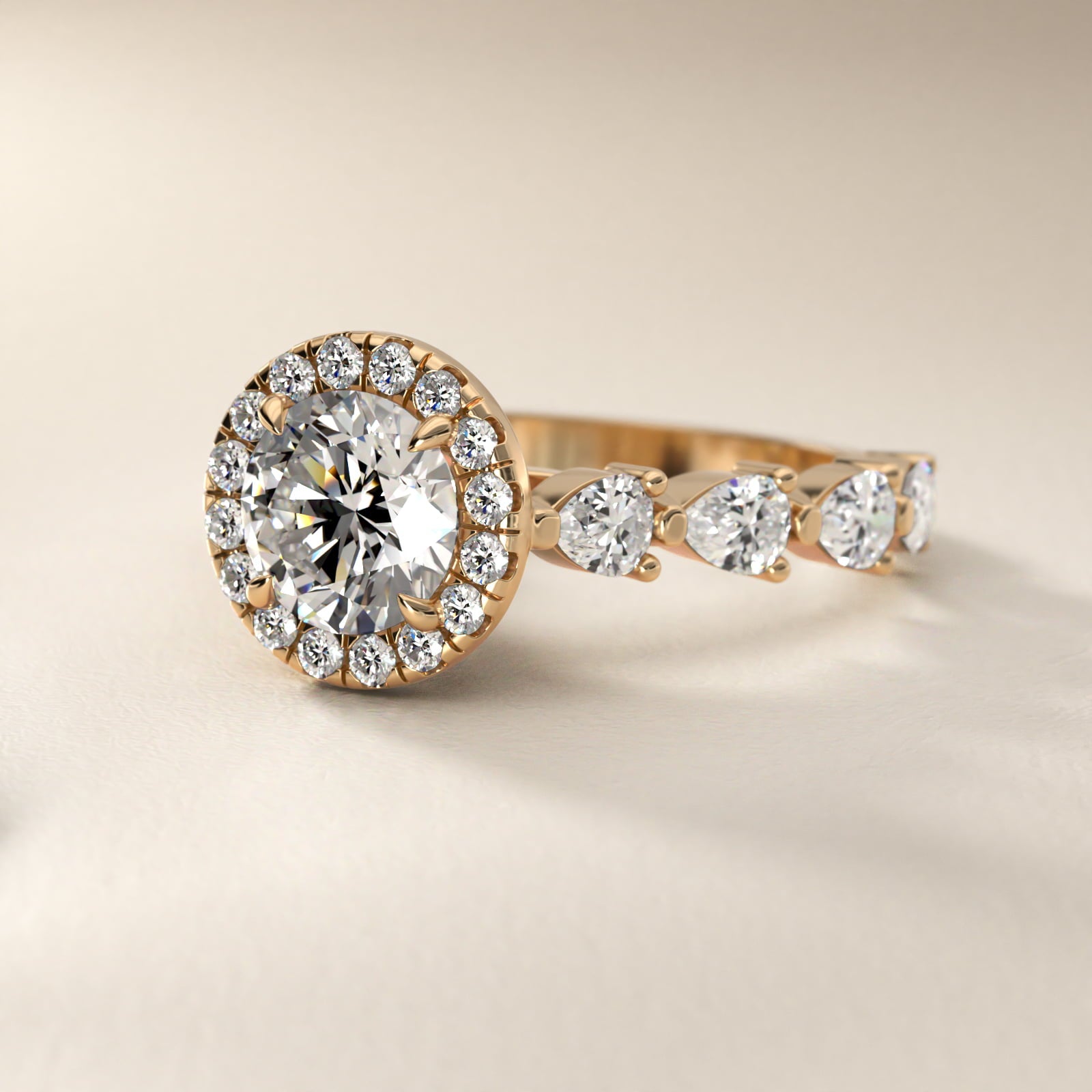 Fancy Pear Halo Engagement Ring in 14k Yellow Gold - Round Center