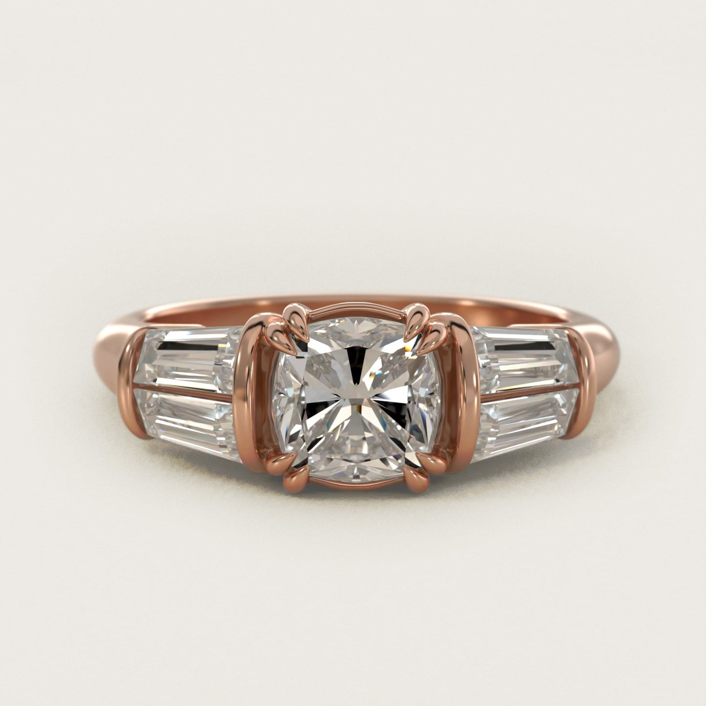 Five-Stone Tapered Baguette Diamond Engagement Ring in 18k Rose Gold (3/4 ct. tw.) - Cushion Center