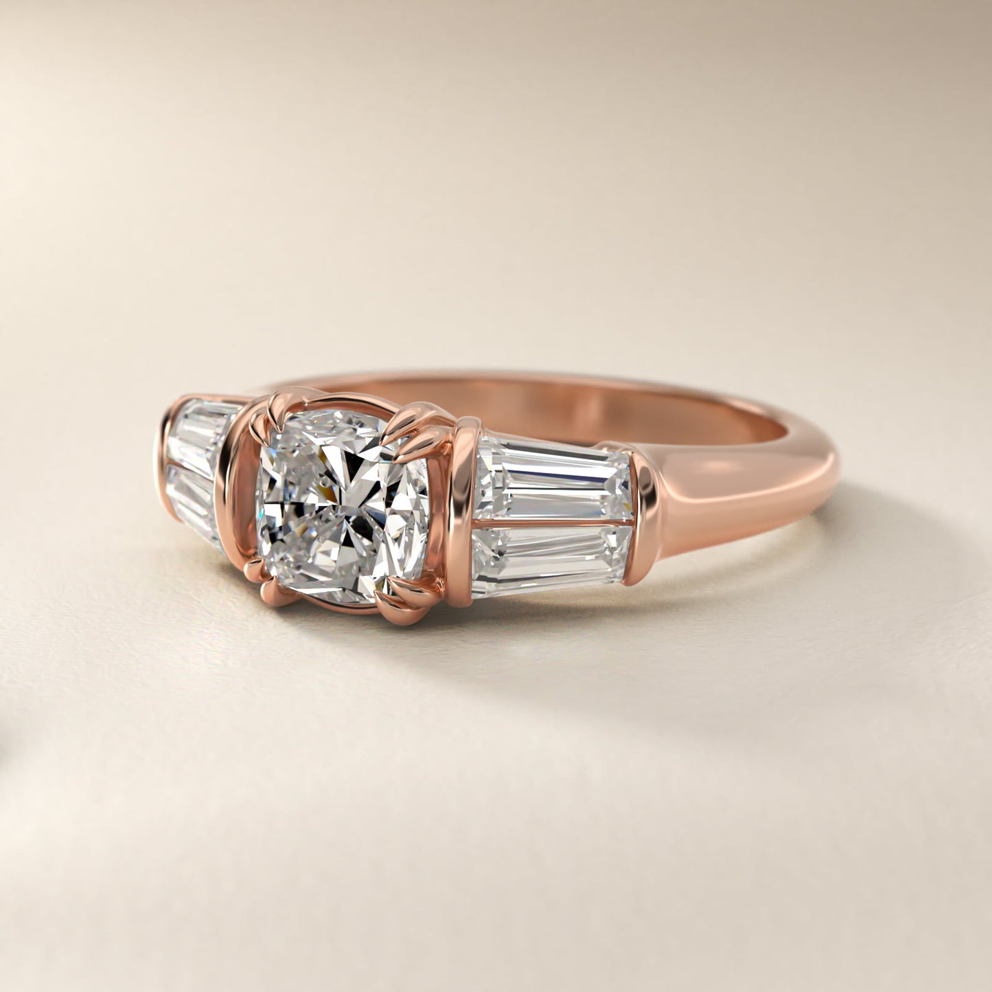 Five-Stone Tapered Baguette Diamond Engagement Ring in 14k Rose Gold (3/4 ct. tw.) - Cushion Center