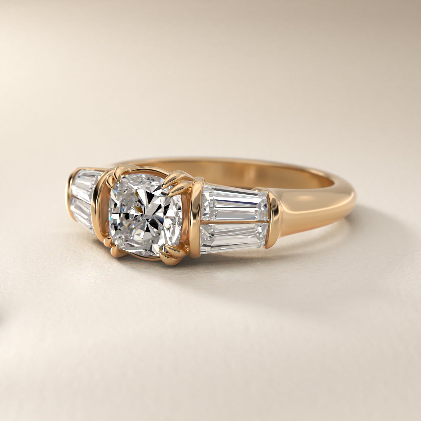 Five-Stone Tapered Baguette Diamond Engagement Ring in 14K Yellow Gold (3/4 ct. tw.) - Cushion Center