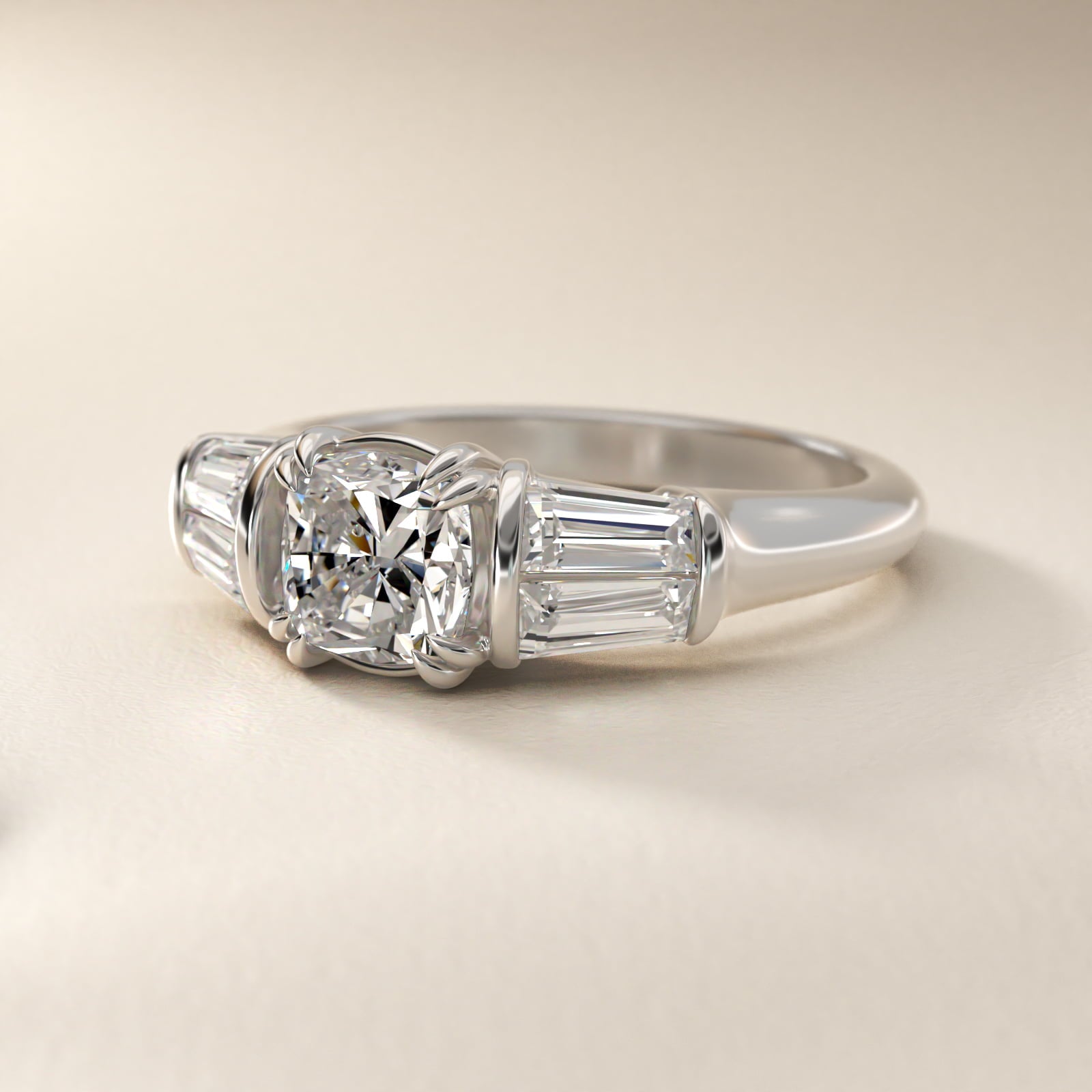 Five-Stone Tapered Baguette Diamond Engagement Ring in Platinum (3/4 ct. tw.) - Cushion Center