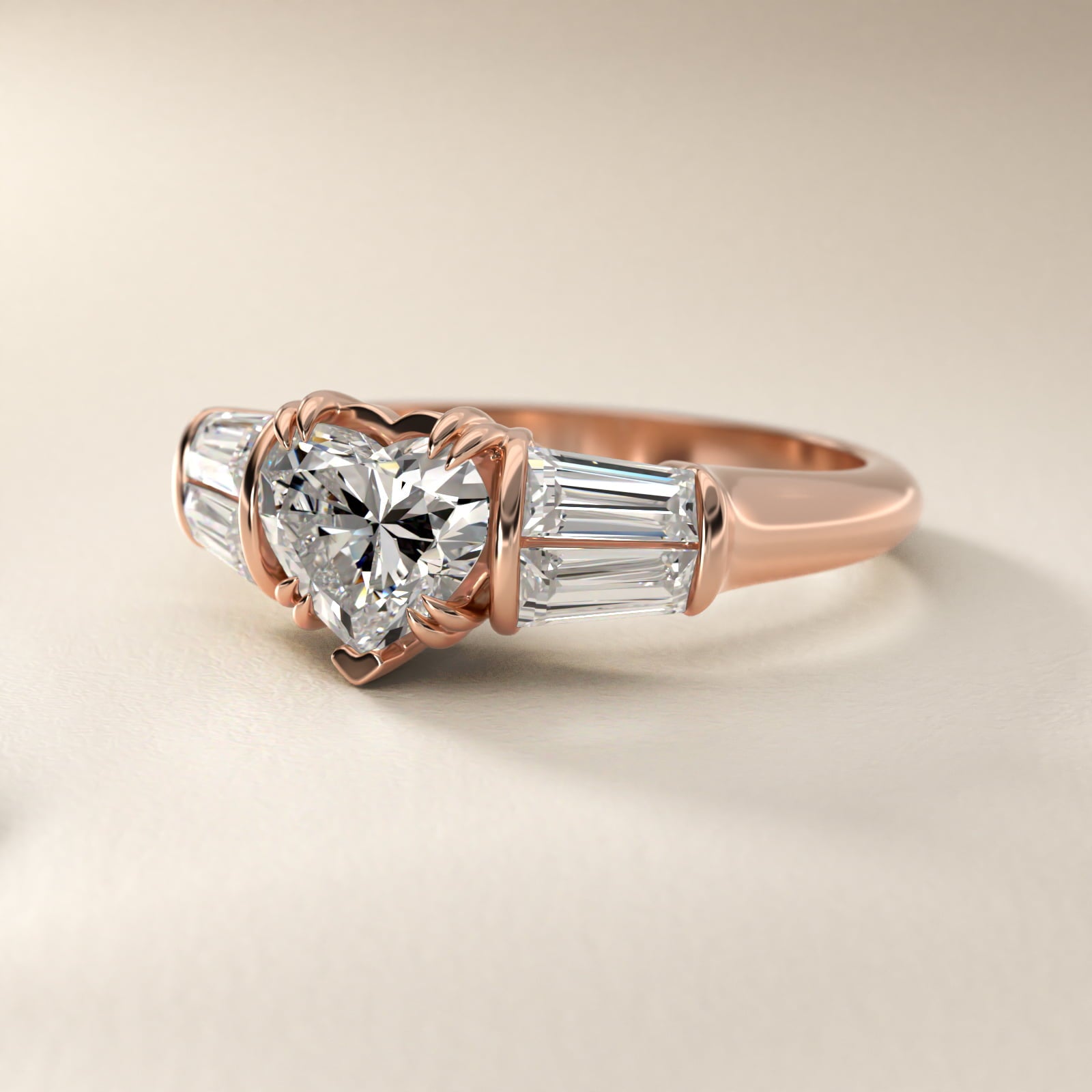 Five-Stone Tapered Baguette Diamond Engagement Ring in 14k Rose Gold (3/4 ct. tw.) - Heart Center