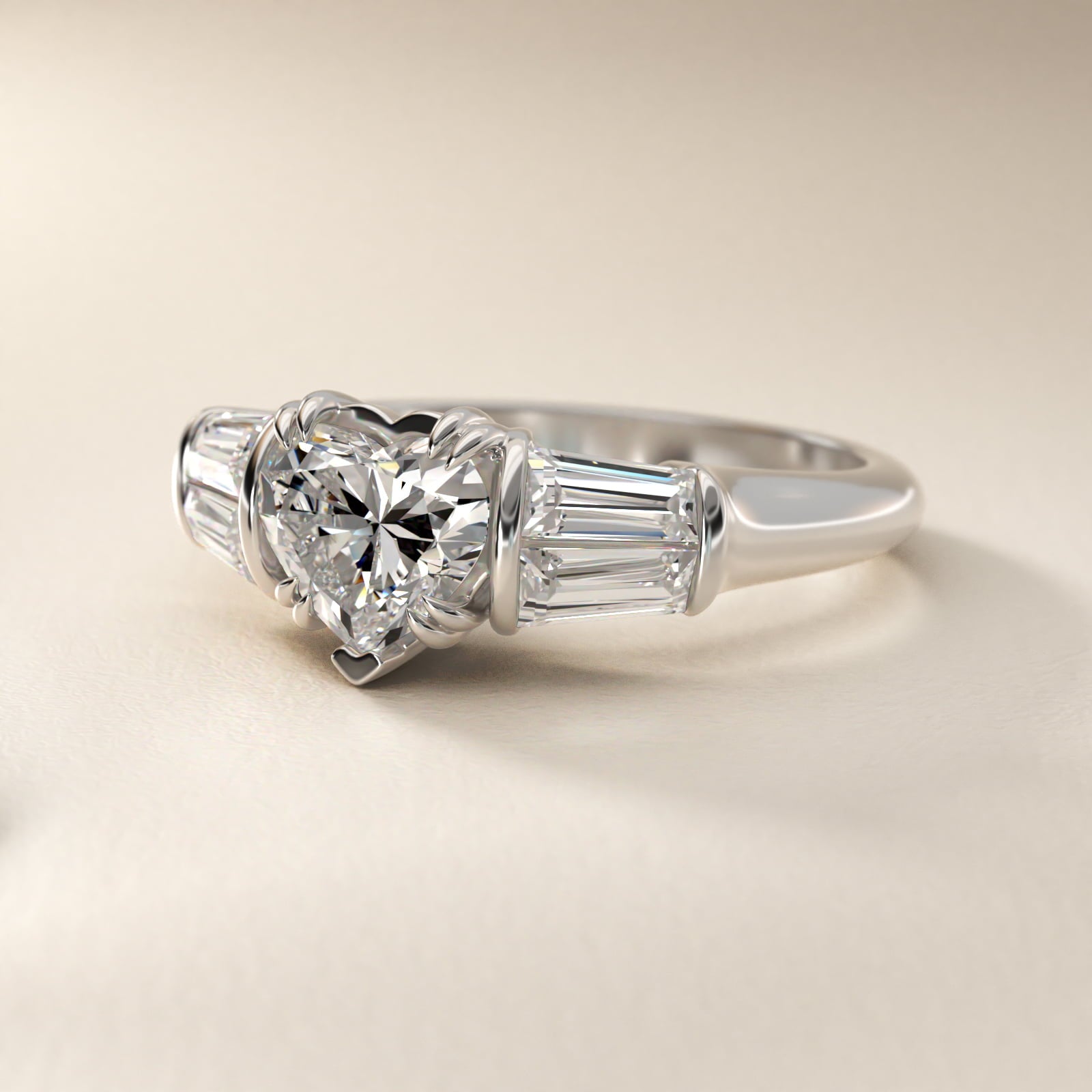 Five-Stone Tapered Baguette Diamond Engagement Ring in Platinum (3/4 ct. tw.) - Heart Center