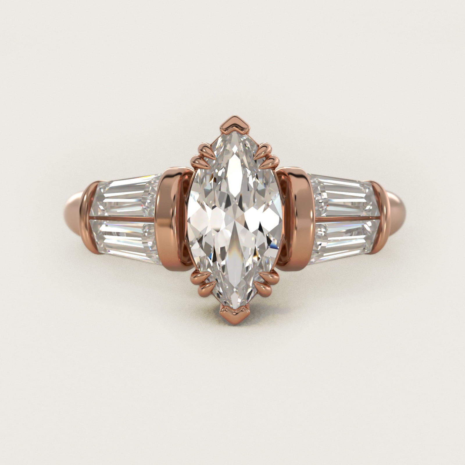 Five-Stone Tapered Baguette Diamond Engagement Ring in 14k Rose Gold (3/4 ct. tw.) - Marquise Center